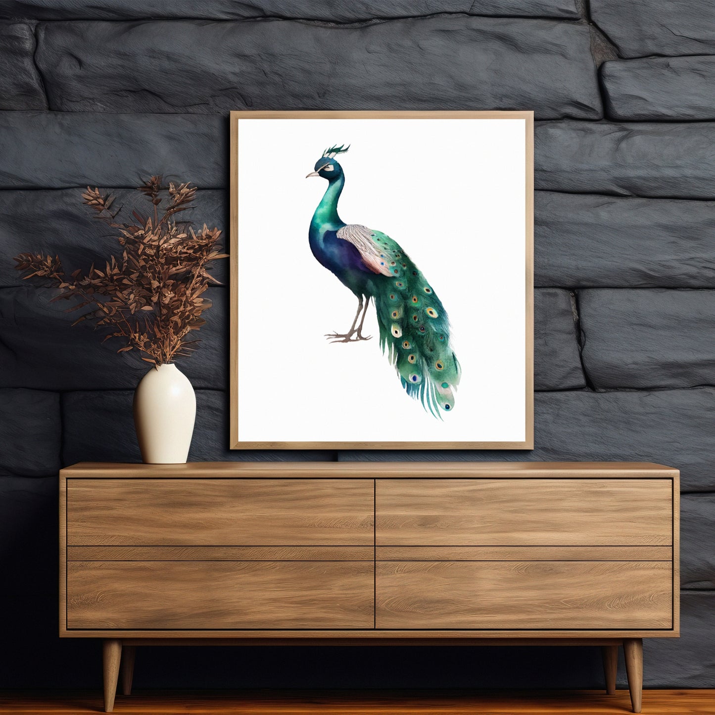 Vibrant Peacock Watercolor Fine Art Print showcasing intricate details, perfect for elegant home decor.