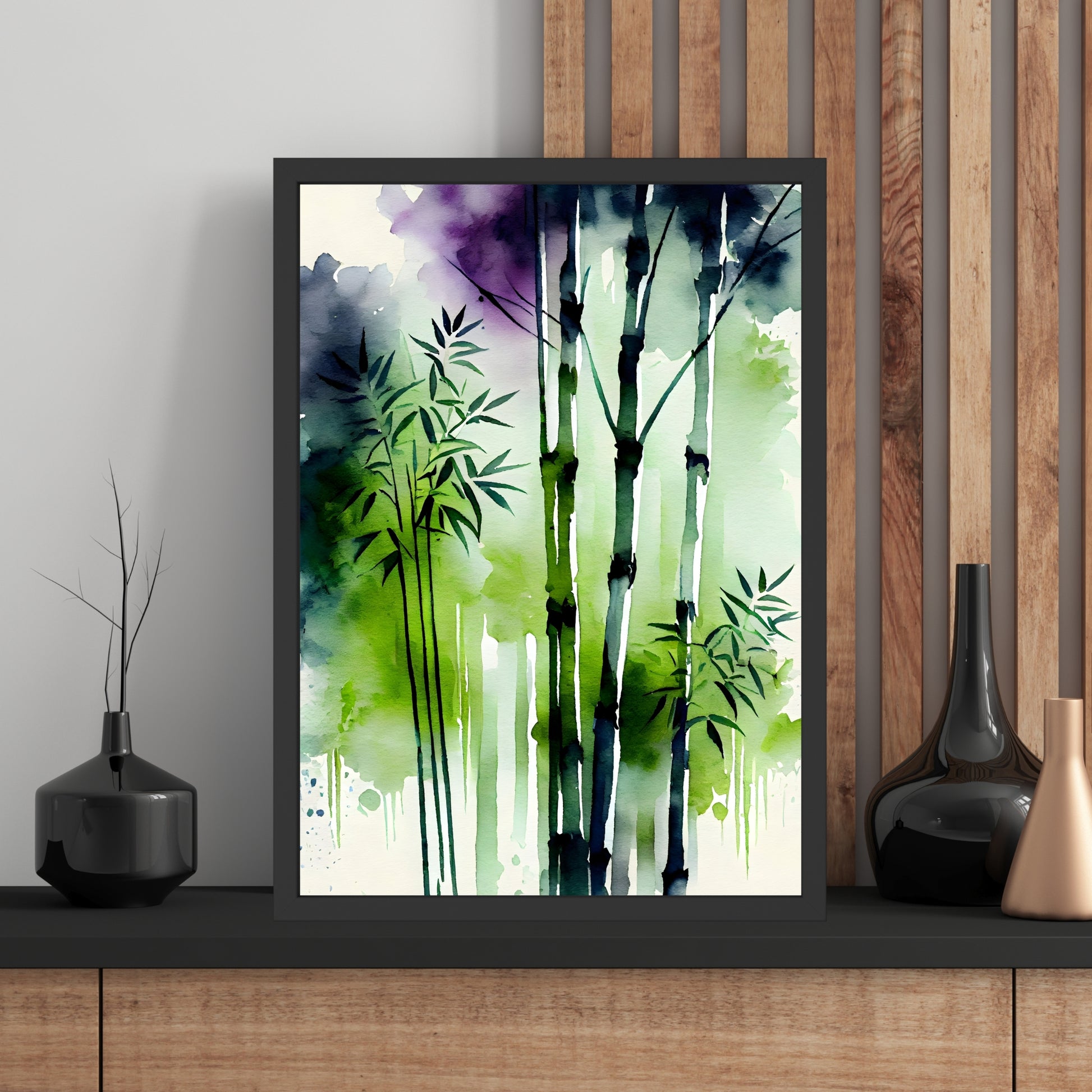 Bamboo Forest 2 Watercolor Fine Art Print displayed on a shelf, showcasing vibrant colors and fine art quality.