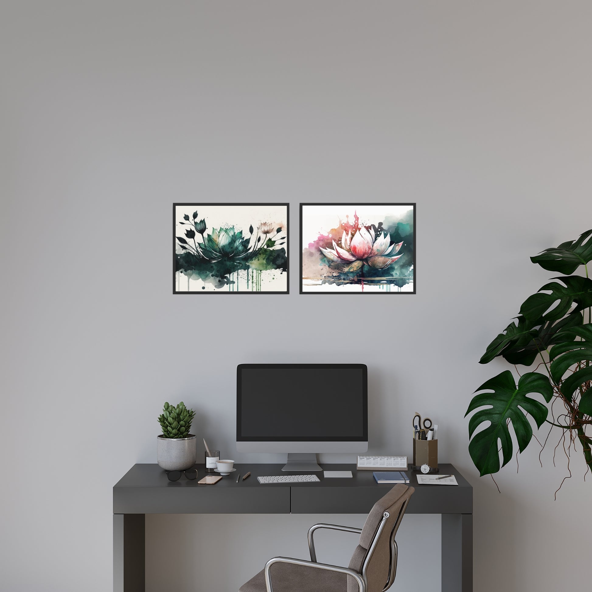 Lotus Watercolor Fine Art Prints Set of 2 beautifully displayed in a modern workspace, showcasing vibrant artistry.