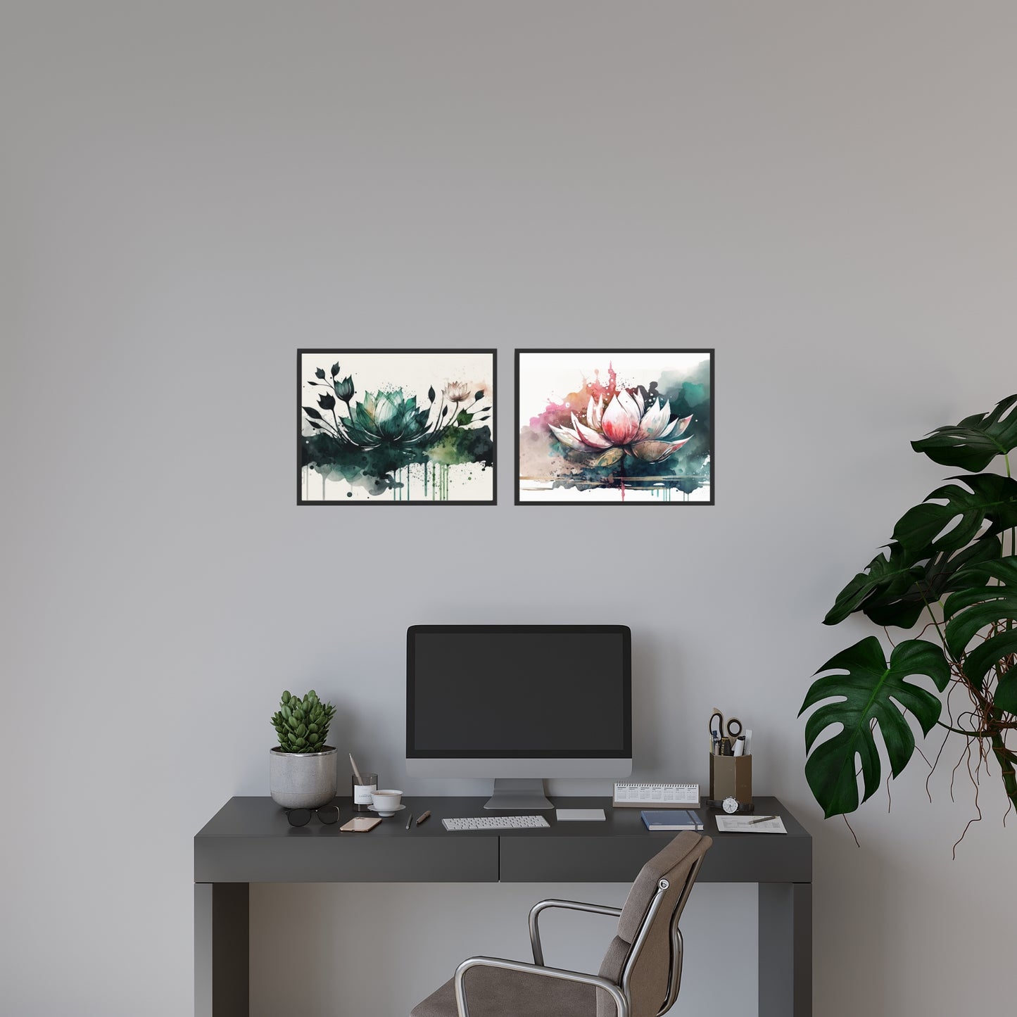 Stylish home office featuring the Lotus Watercolor Fine Art Prints Set of 2, beautifully framed and displayed.