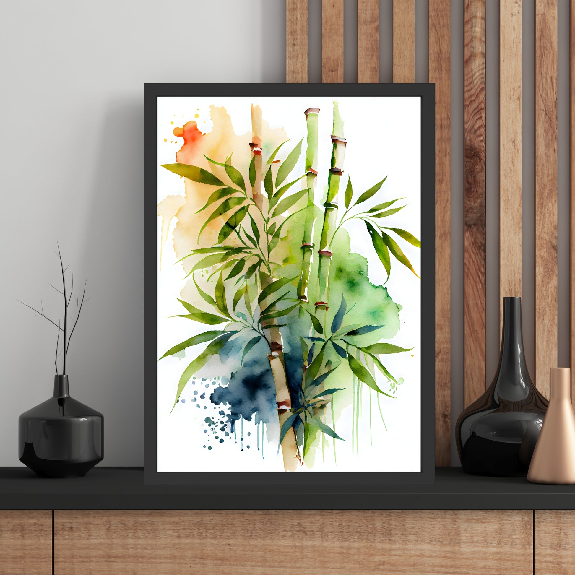 Bamboo Watercolor Fine Art Print showcasing vibrant bamboo leaves and textures, perfect for art lovers and collectors.