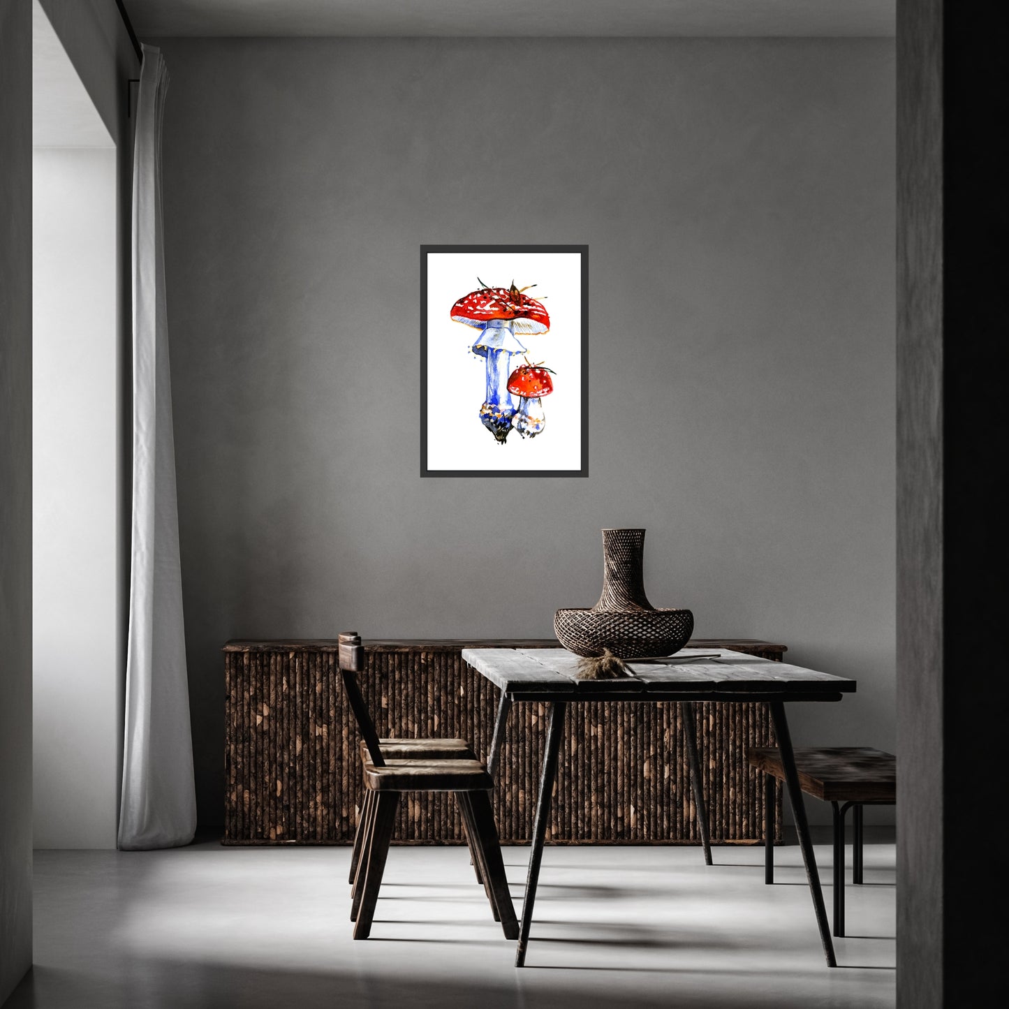 Fly Agaric Mushrooms Watercolor Fine Art Print displayed in a modern setting, showcasing vibrant colors and textures.