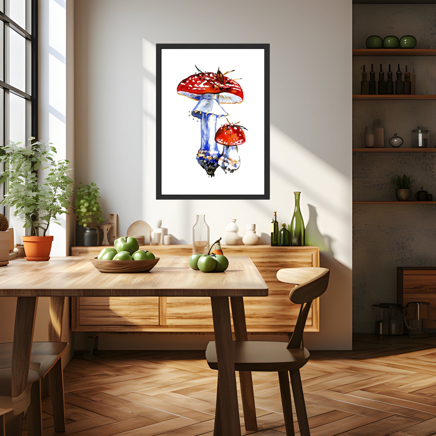 Fly Agaric Mushrooms Watercolor Fine Art Print displayed in a modern kitchen, showcasing vibrant colors and textures.