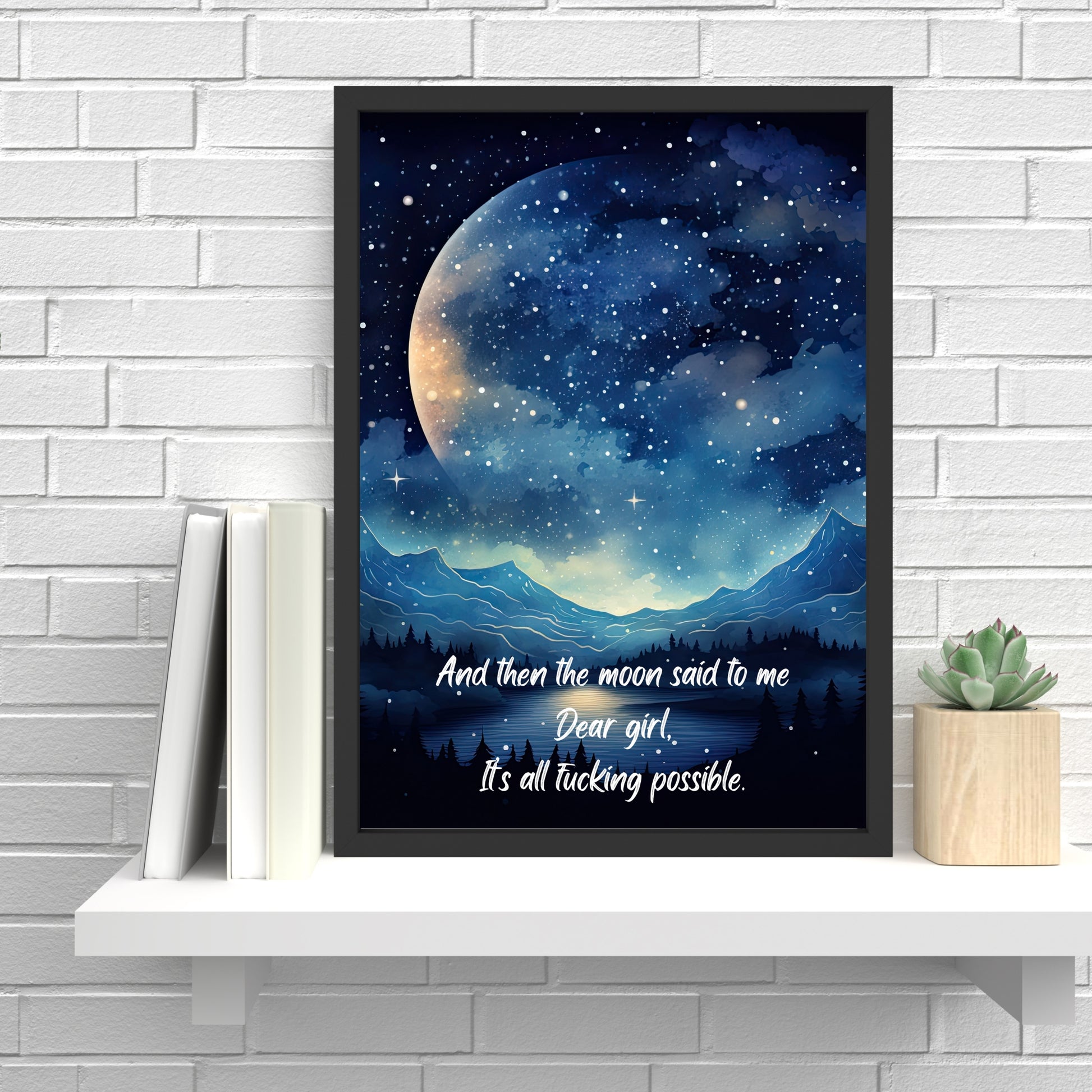 Moon Quote Fine Art Print featuring a whimsical night scene with inspiring text, crafted on premium cotton watercolor paper.