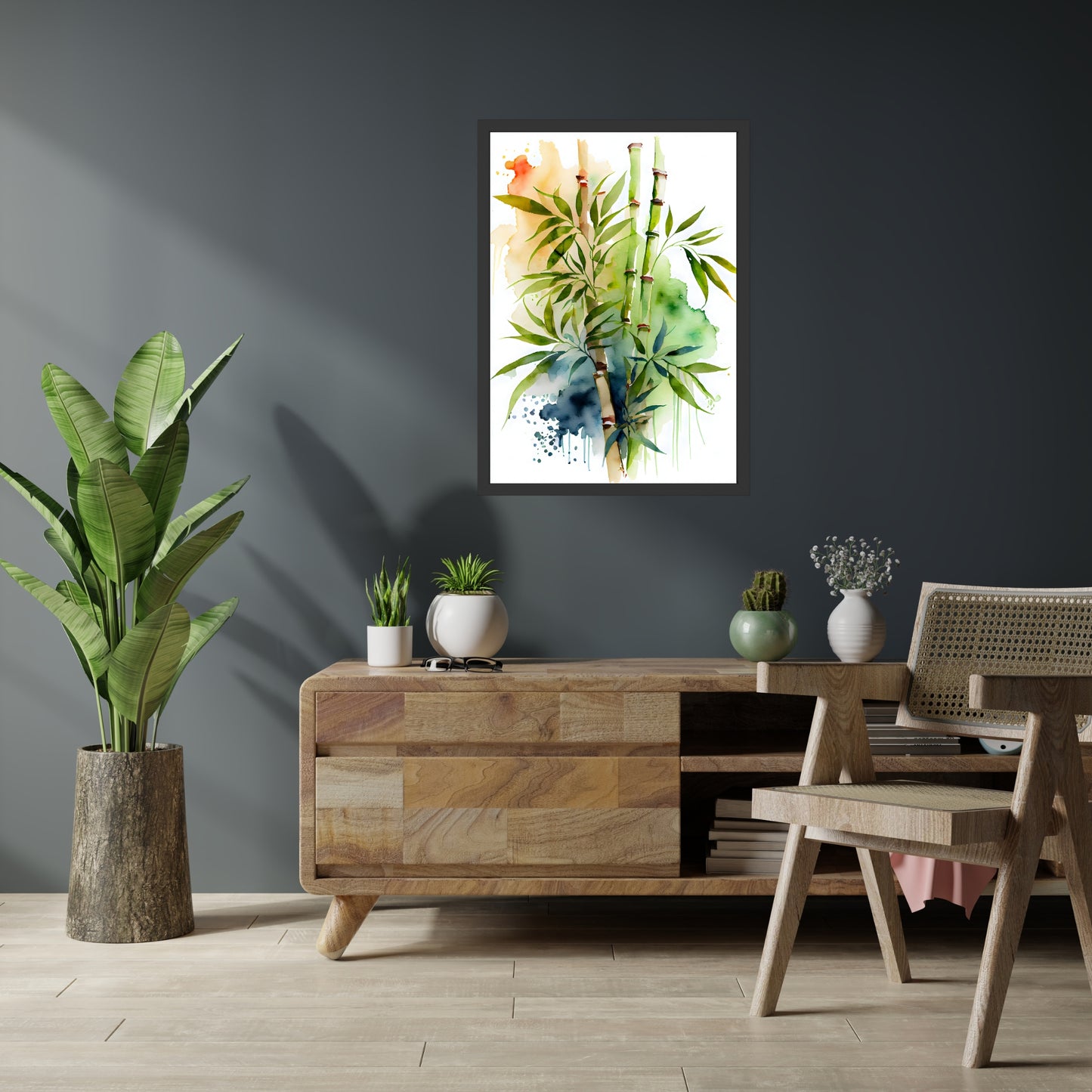 Bamboo Watercolor Fine Art Print displayed in a chic setting, highlighting its vibrant colors and textured details.