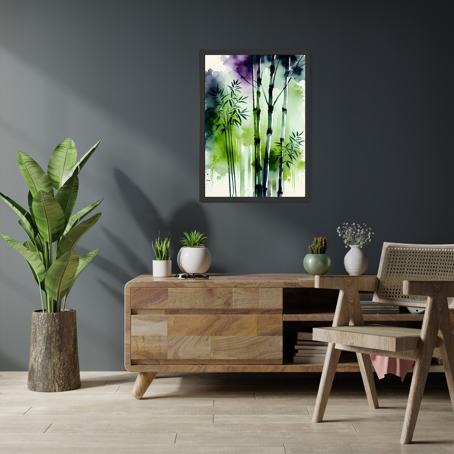 Lush Bamboo Forest 2 Watercolor Fine Art Print displayed elegantly in a modern interior, perfect for art lovers.