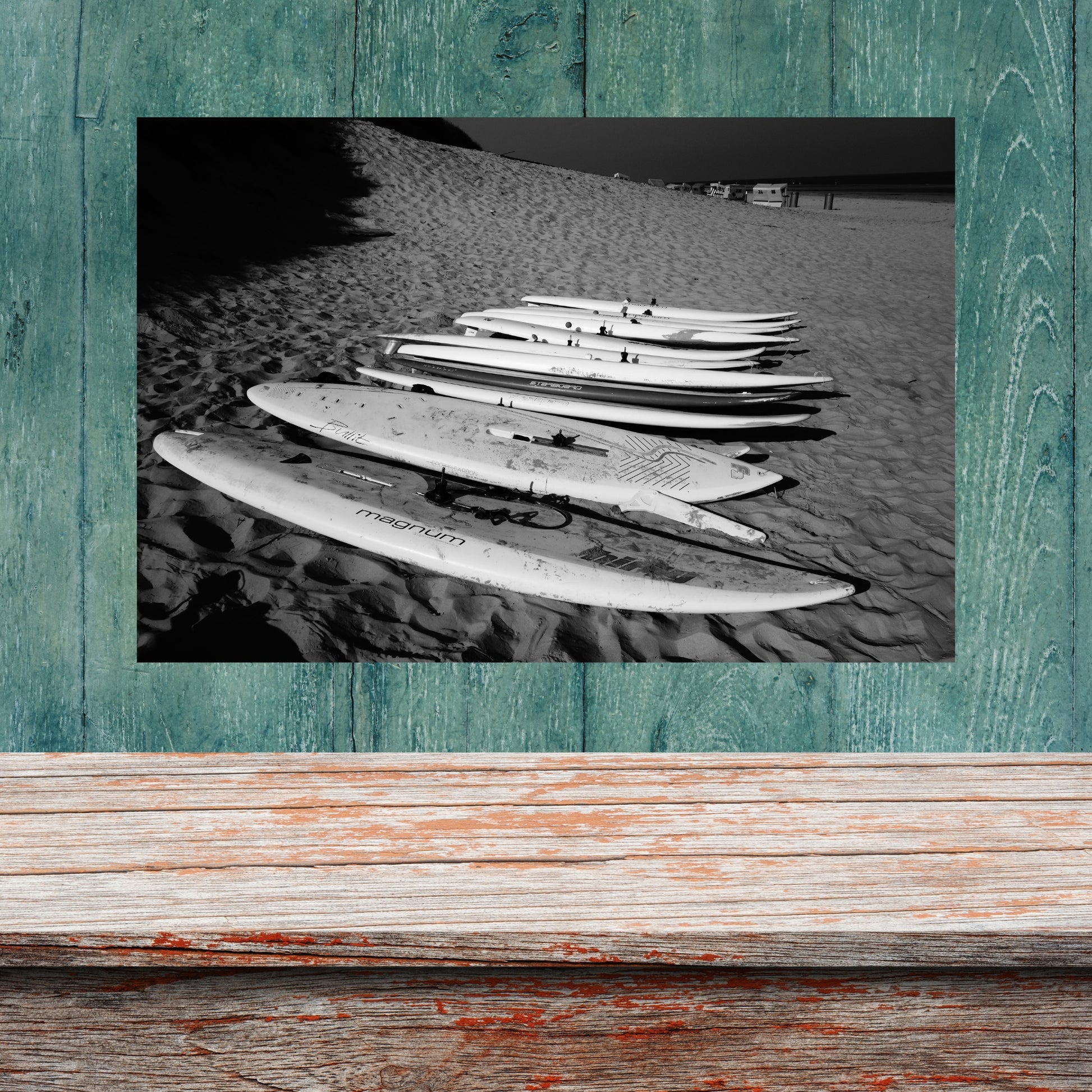 Surfboards Minimalist Black acrylic mount print showcasing a modern, frameless design for vibrant home decor.