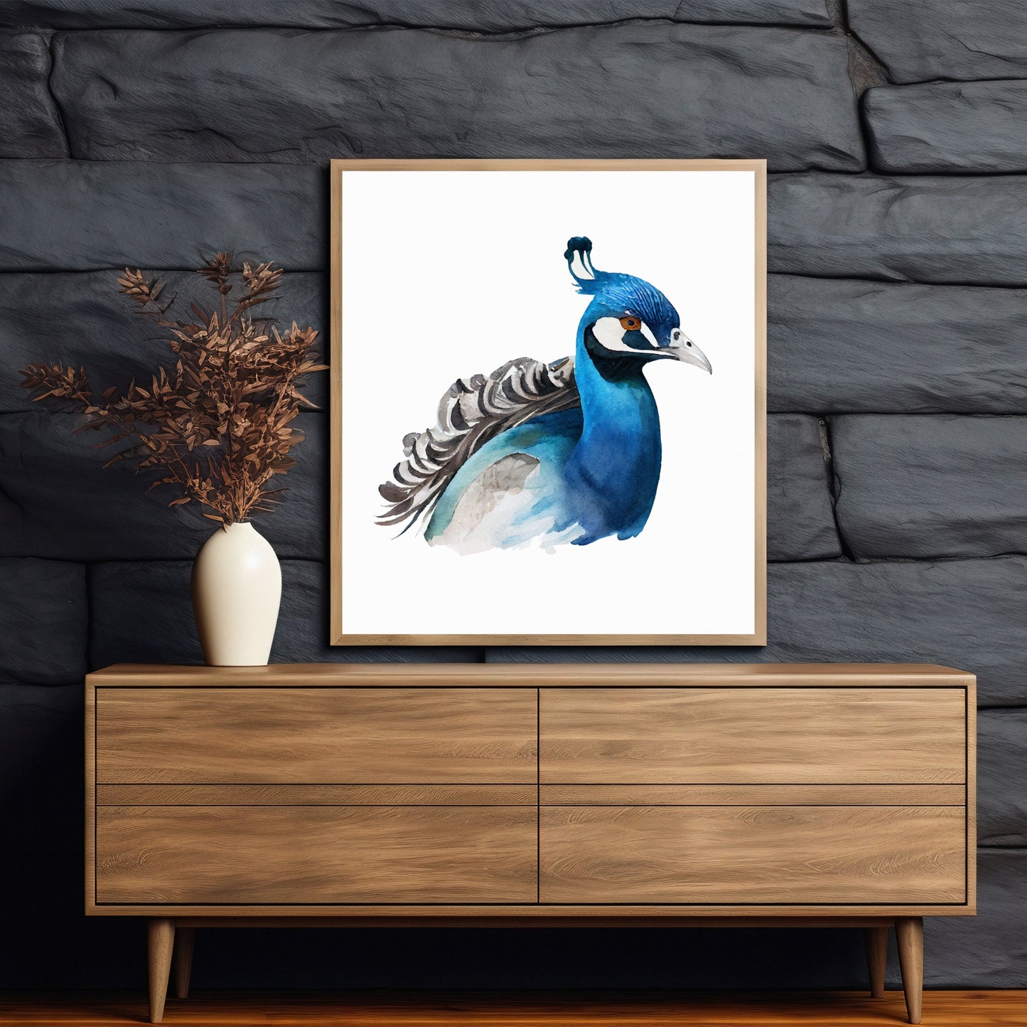 Indigo Peacock Watercolor Fine Art Print showcases vibrant colors and exquisite detail, perfect for any art lover's space.