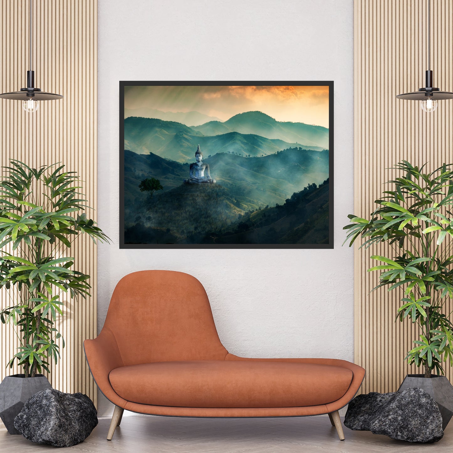 Meditating Buddha on Mountaintop Giclee Fine Art Print showcases serene beauty in a stunning mountain landscape.