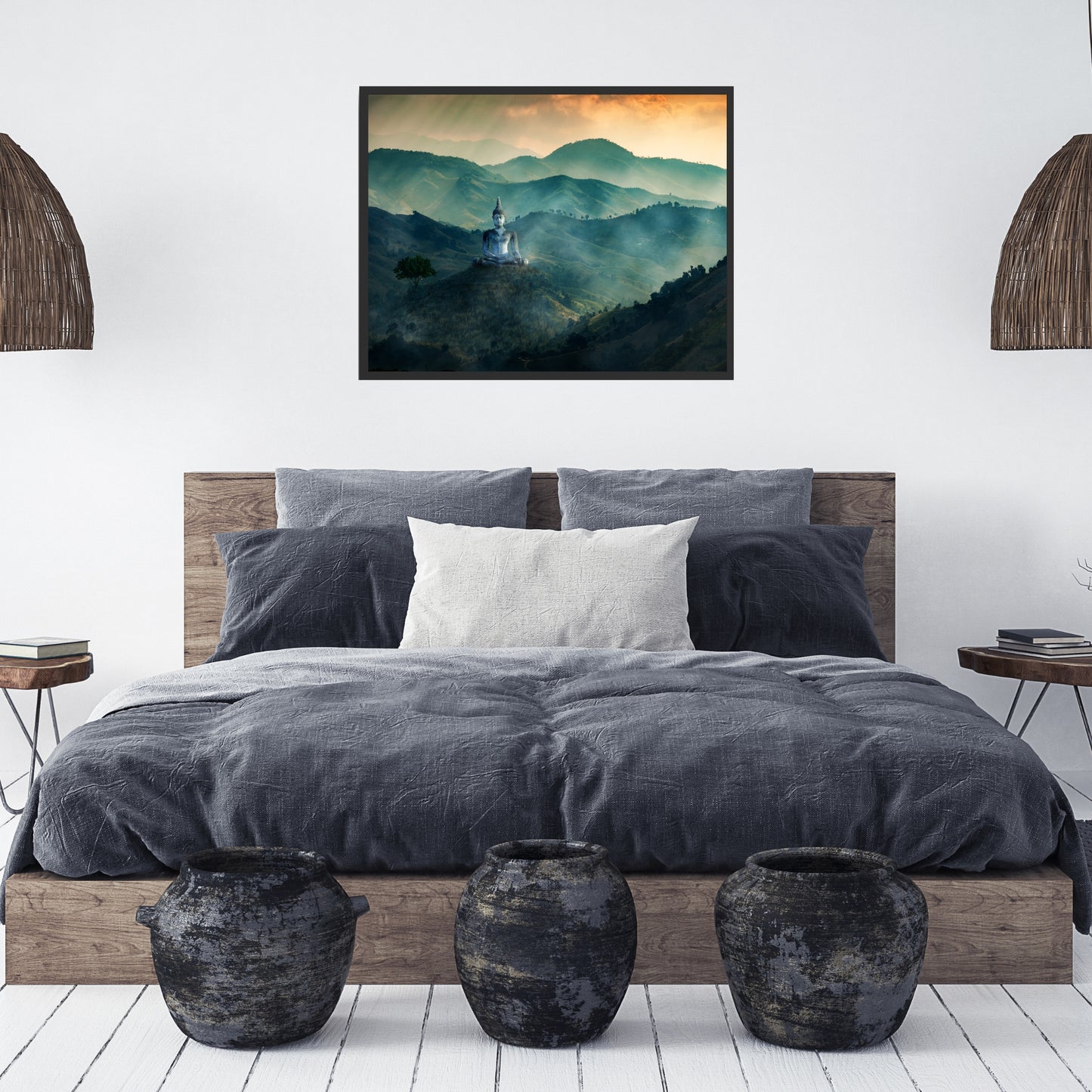 Meditating Buddha on Mountaintop Giclee Fine Art Print showcases serene beauty with vibrant colors and stunning detail.