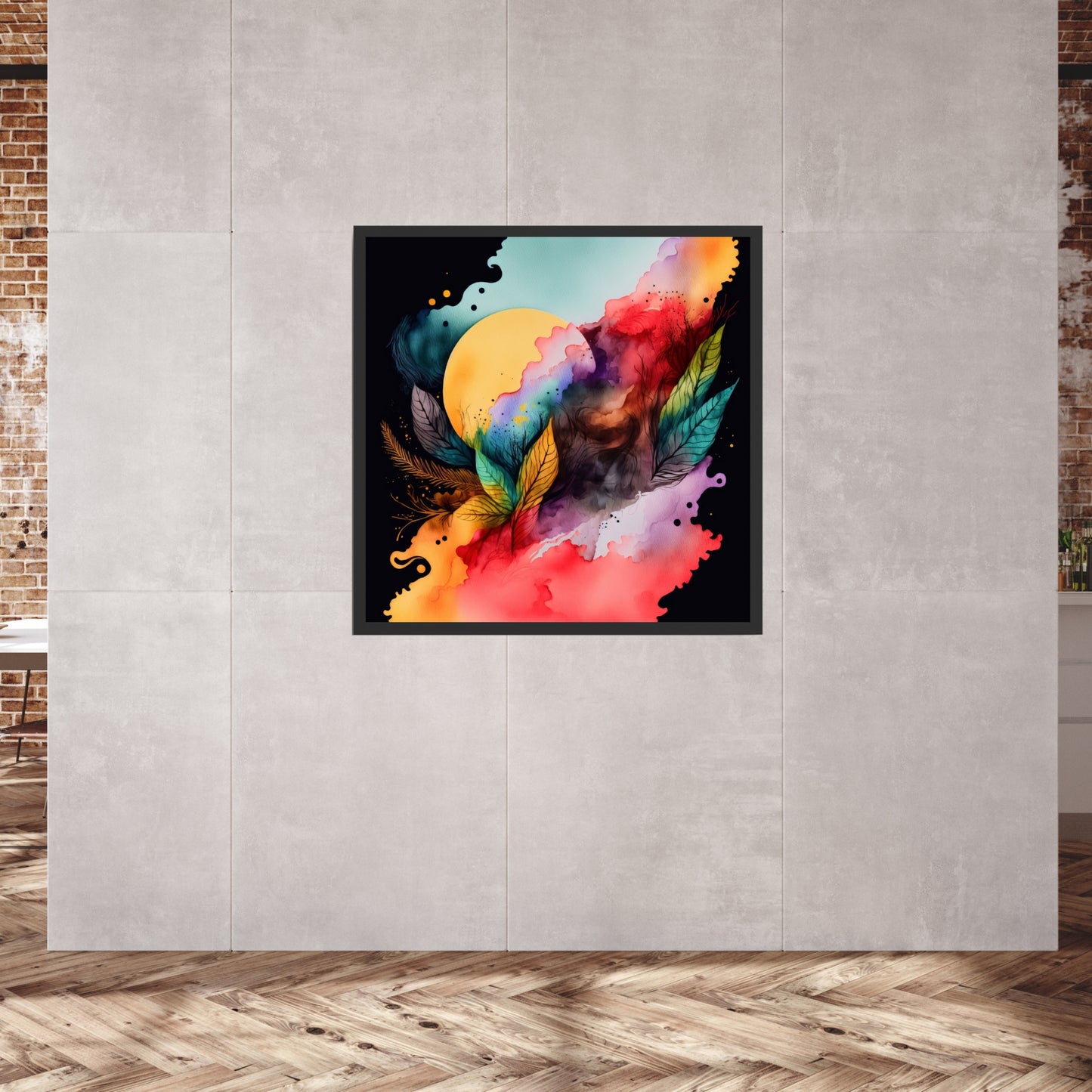 Vibrant Celestial Harmony Series 5 Watercolor Fine Art Print enhances modern home decor with colorful, abstract design.