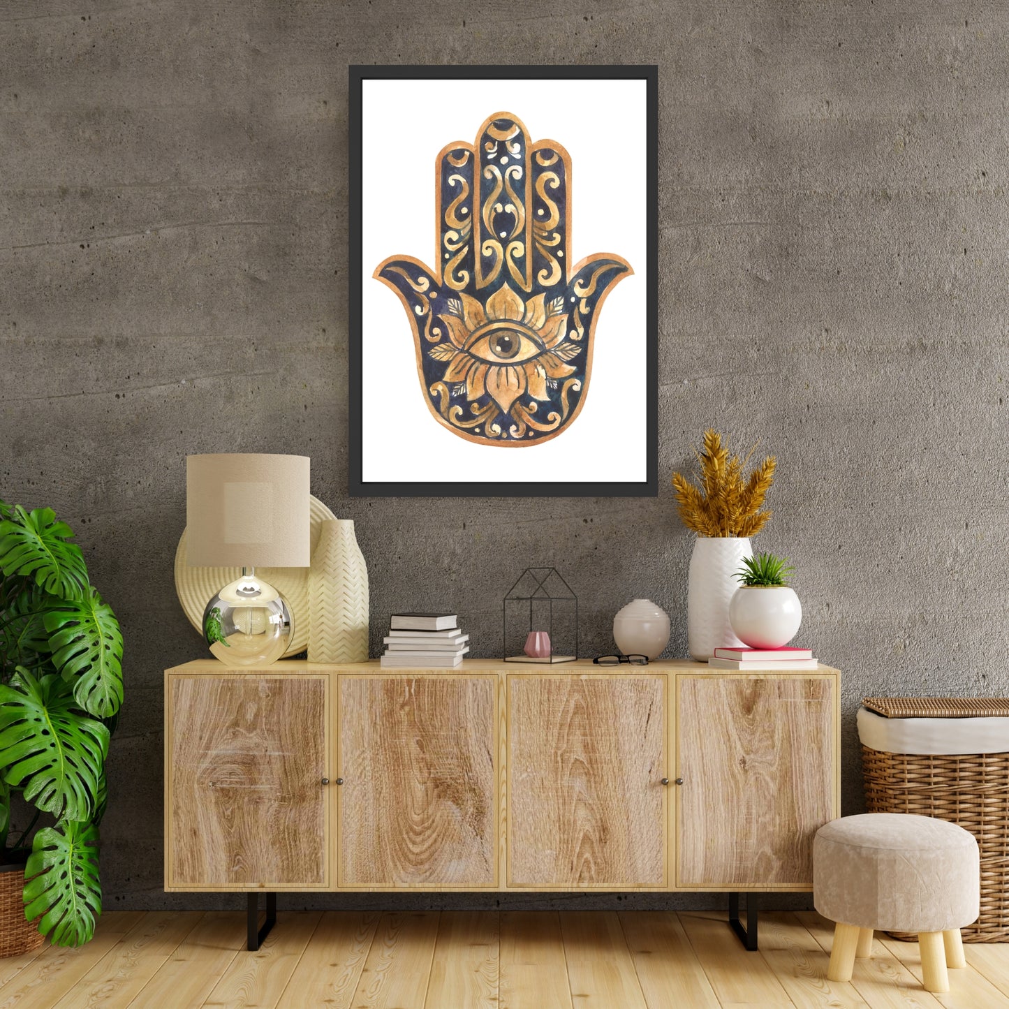 Hamsa Hand Watercolor Fine Art Print displayed in a stylish setting, showcasing its vibrant colors and intricate design.