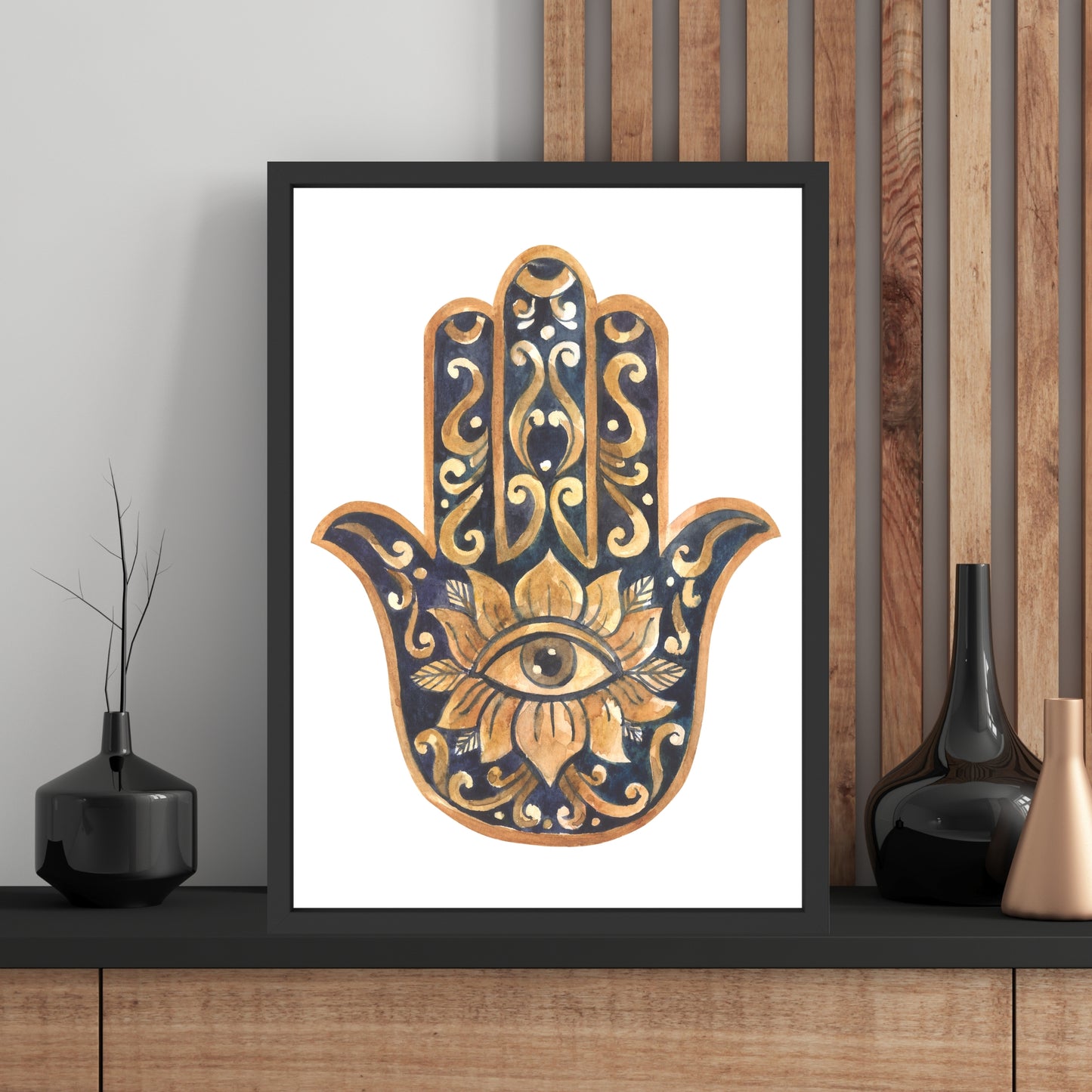 Hamsa Hand Watercolor Fine Art Print showcasing intricate designs, perfect for any art collection or home decor.