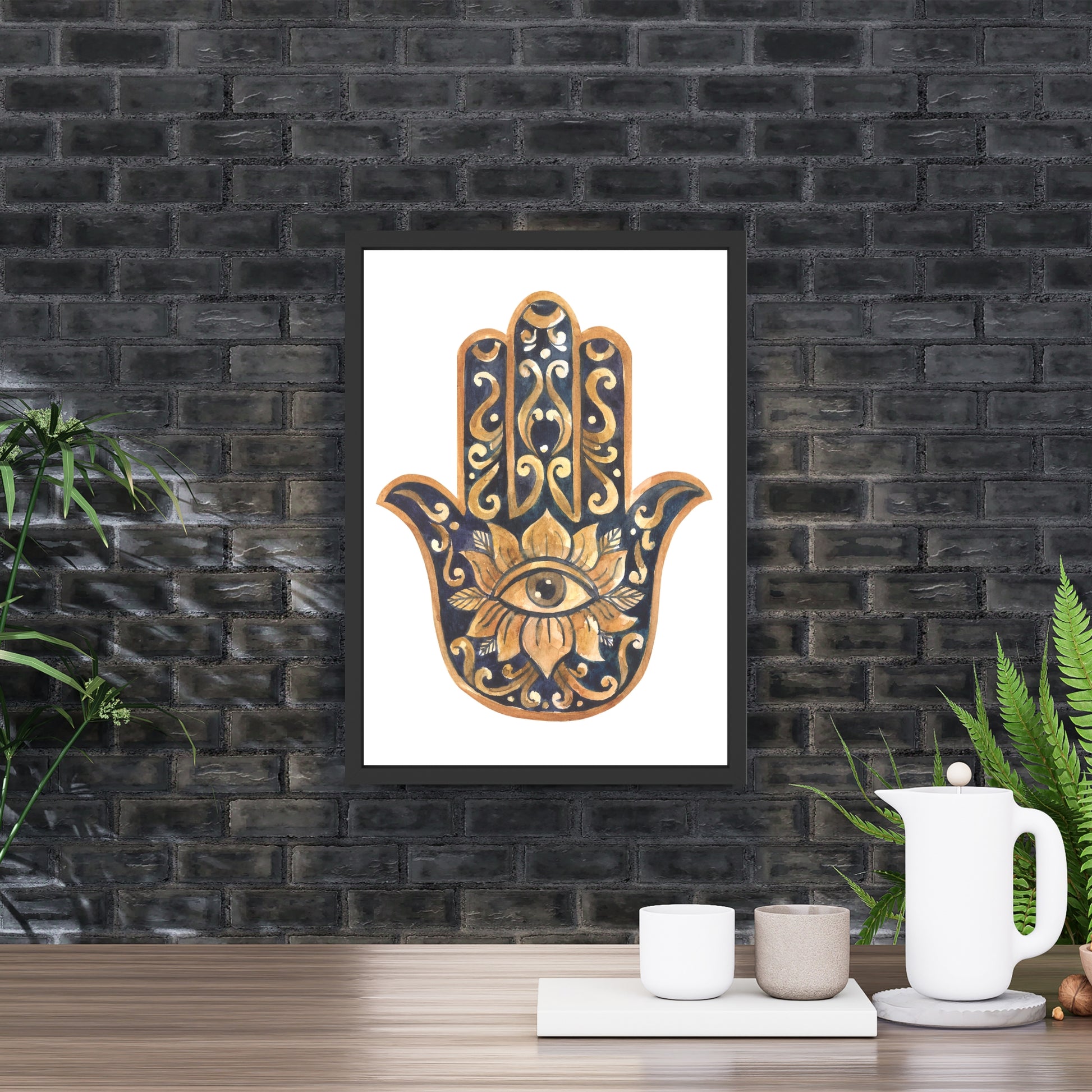 Hamsa Hand Watercolor Fine Art Print displayed in a stylish setting, showcasing its unique design and vibrant colors.