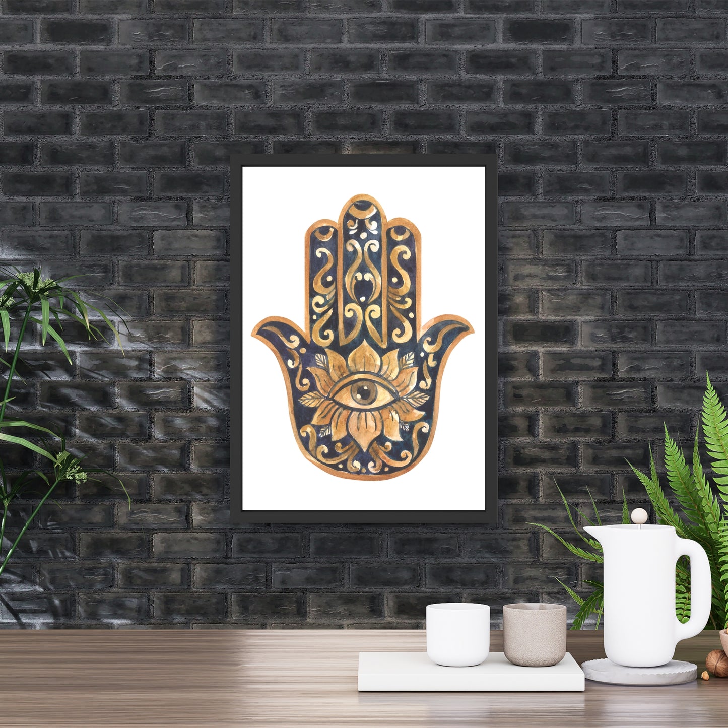 Hamsa Hand Watercolor Fine Art Print displayed in a stylish setting, showcasing its unique design and quality craftsmanship.