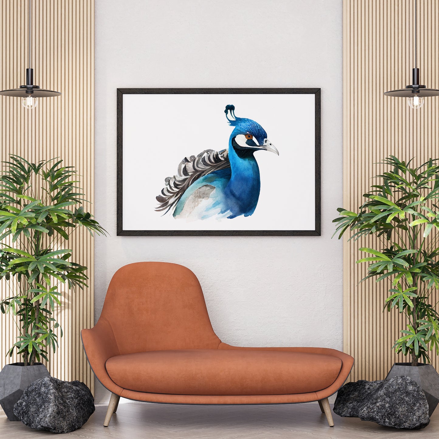 Stylish Indigo Peacock Watercolor Fine Art Print enhances decor with vibrant colors and exquisite cold-press texture.