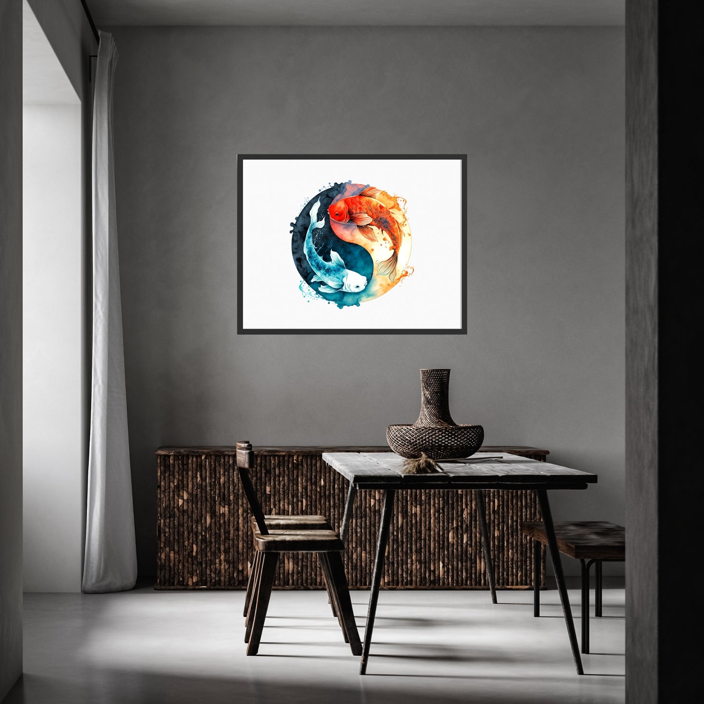 Vibrant Yin Yang Koi Fish Watercolor Fine Art Print enhancing modern interior decor with its unique design.