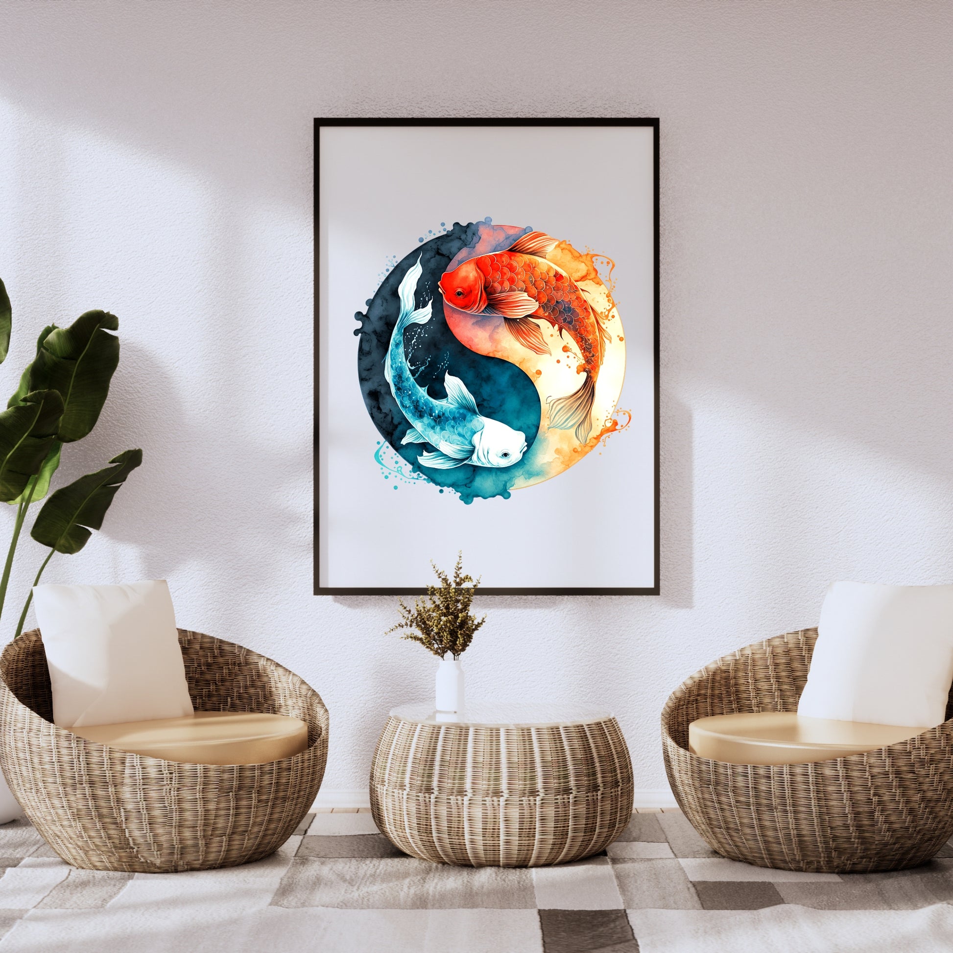 Vibrant Yin Yang Koi Fish Watercolor Fine Art Print beautifully enhances any space with its striking colors and depth.