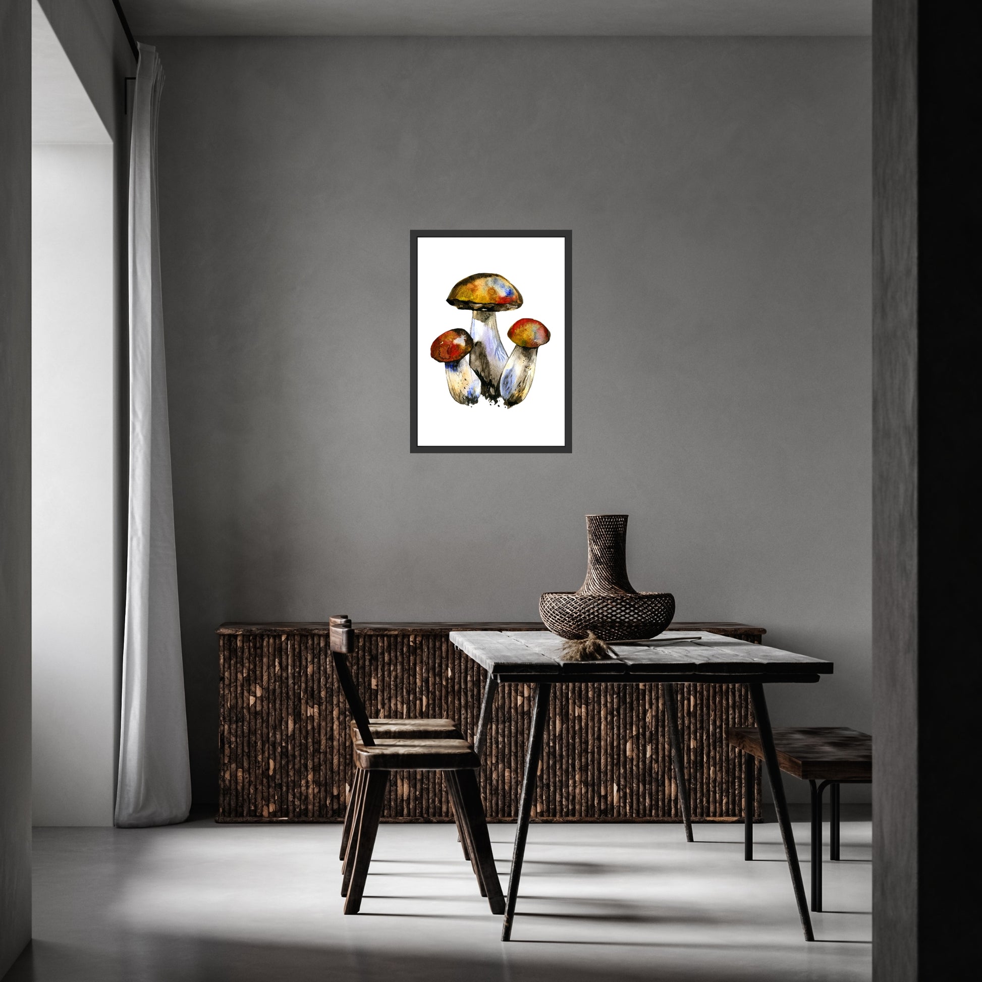 Leccinum Mushrooms Watercolor Fine Art Print displayed in a stylish interior, showcasing its vibrant colors and textures.