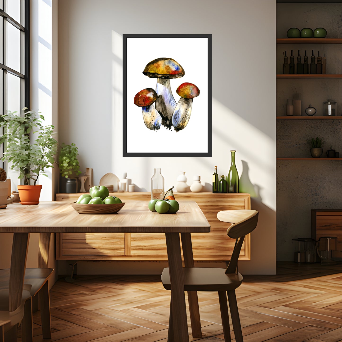 Leccinum Mushrooms Watercolor Fine Art Print displayed in a stylish kitchen, enhancing modern decor with vibrant colors.