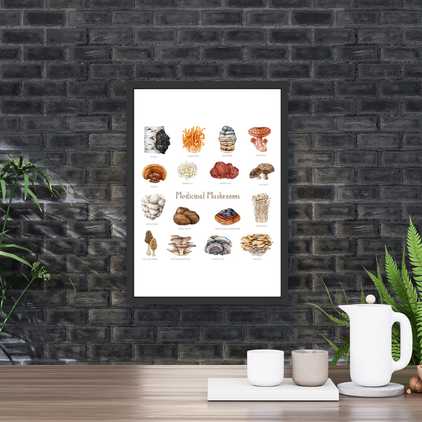 Colorful Medicinal Mushrooms Watercolor Fine Art Print displayed in a modern setting, enhancing any art collection.