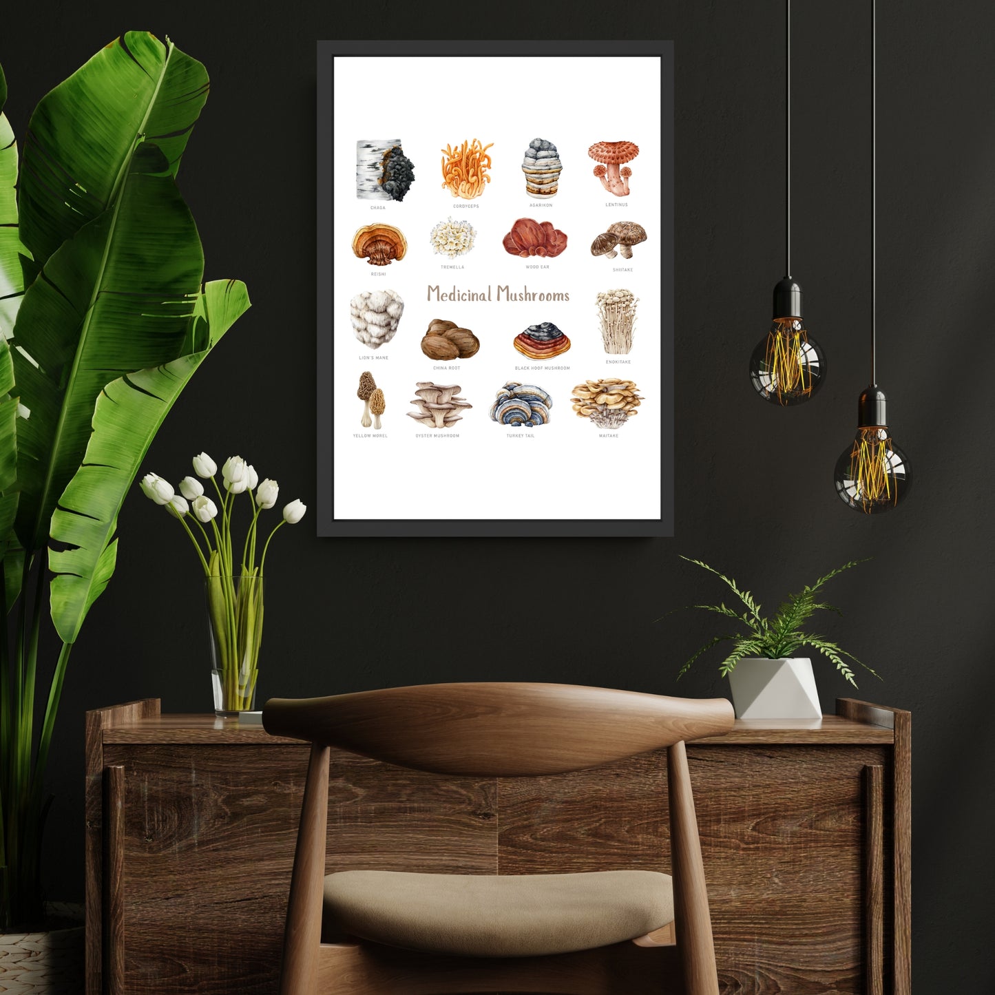 Medicinal Mushrooms Watercolor Fine Art Print showcasing various mushroom species, perfect for art lovers and decor.