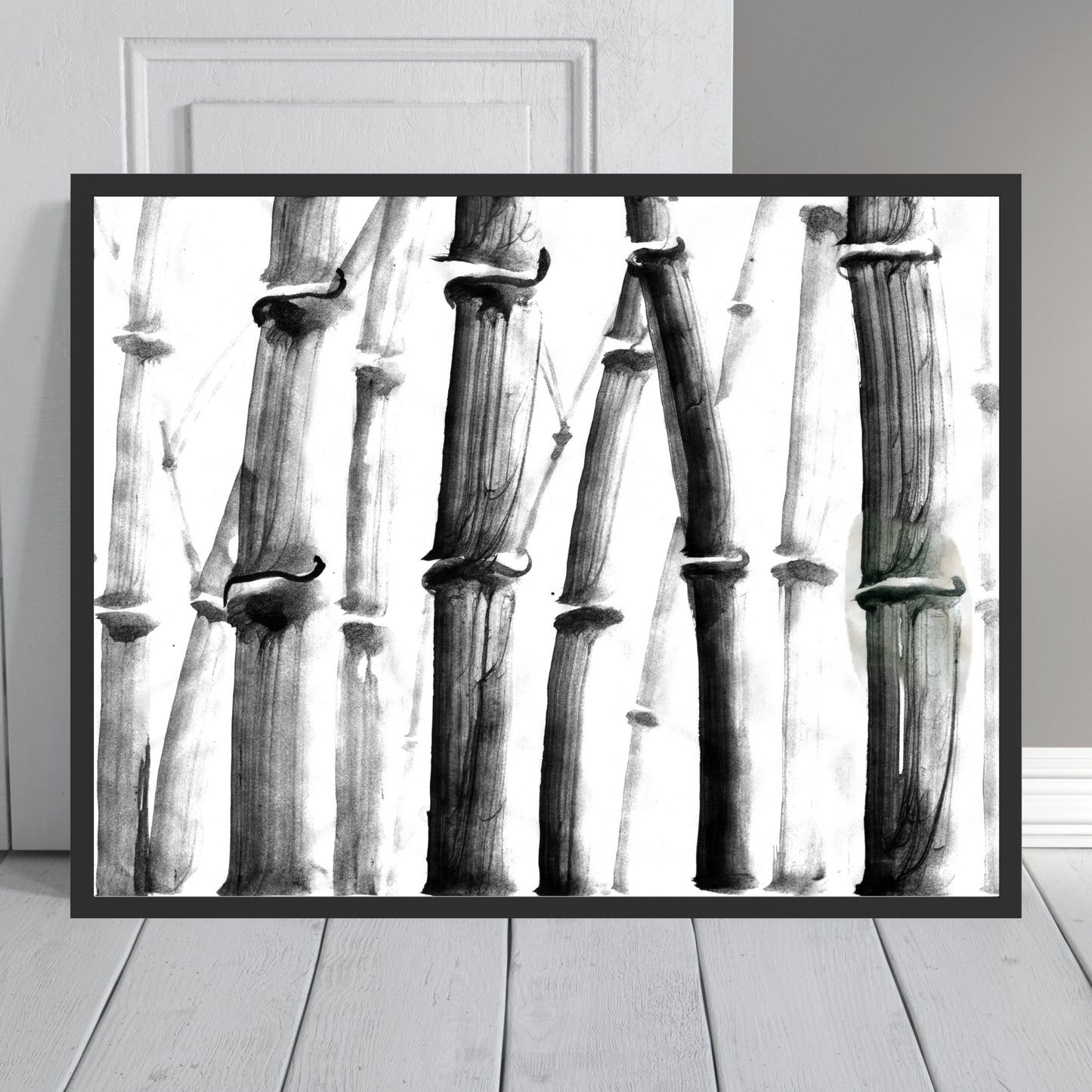 Minimalist Bamboo Watercolor Fine Art Print featuring elegant bamboo in soft monochrome tones, perfect for modern decor.