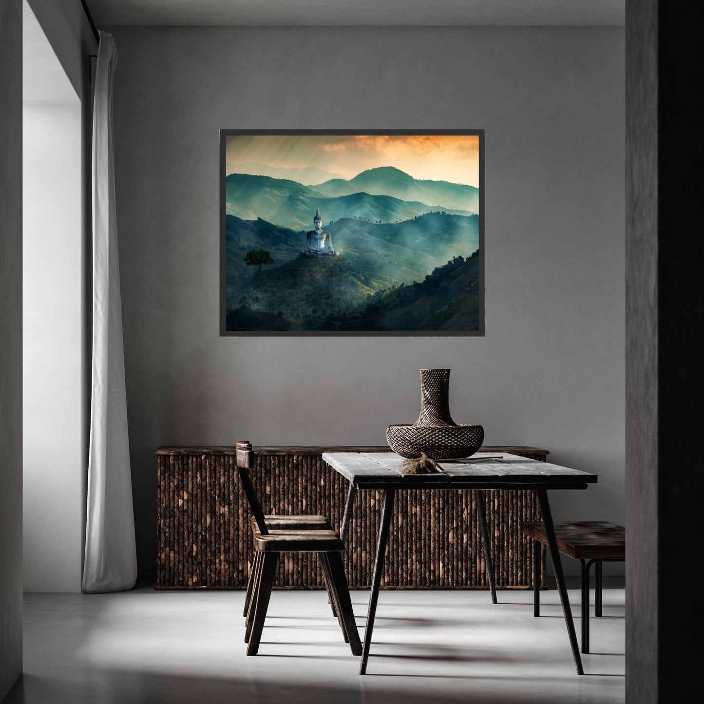 Meditating Buddha on Mountaintop Giclee Fine Art Print displayed in a stylish interior, enhancing serene ambiance.