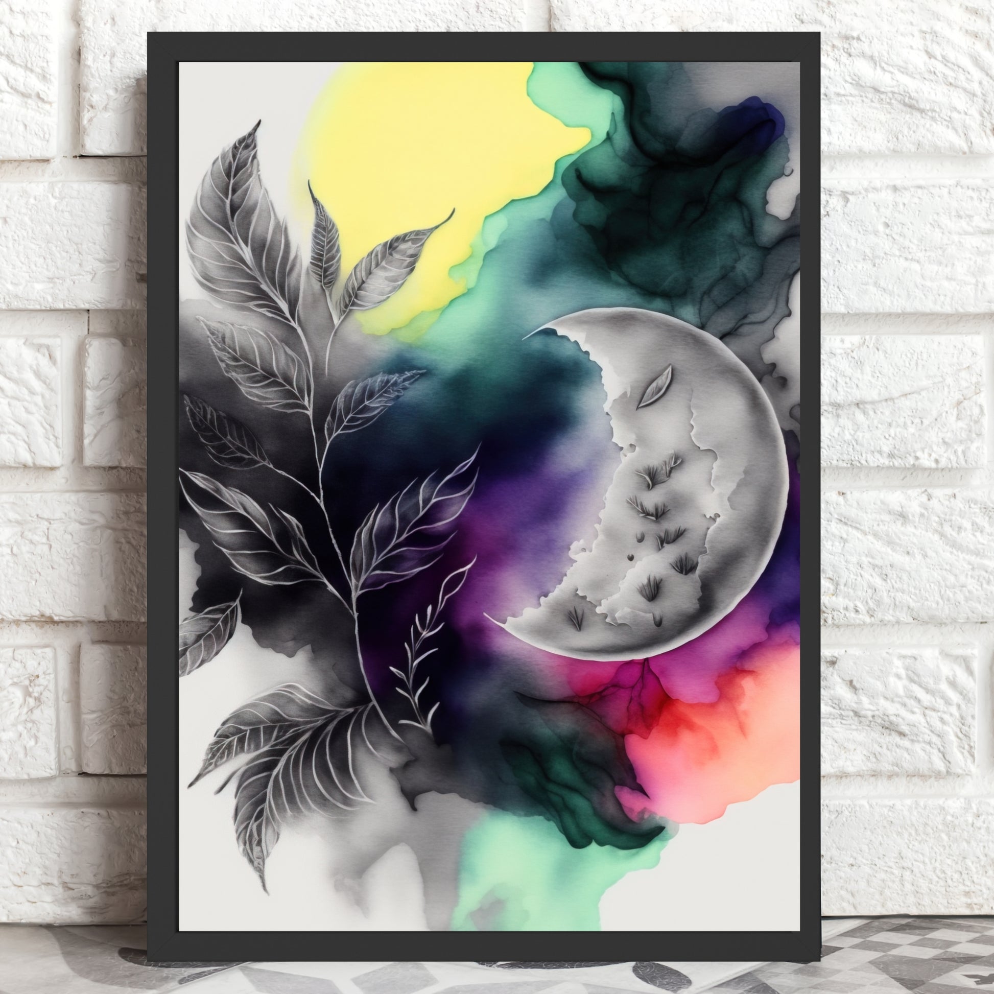 Celestial Harmony Series 4 Watercolor Fine Art Print showcases a mystical moon amid vibrant, dreamy colors for ethereal charm.