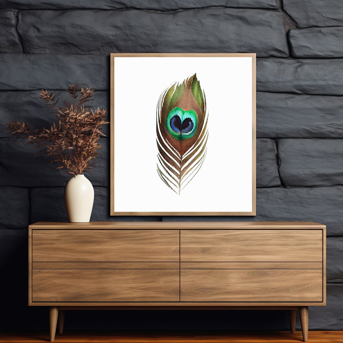 Vibrant Peacock Feather Watercolor Fine Art Print enhancing modern home decor with elegant colors and designs.