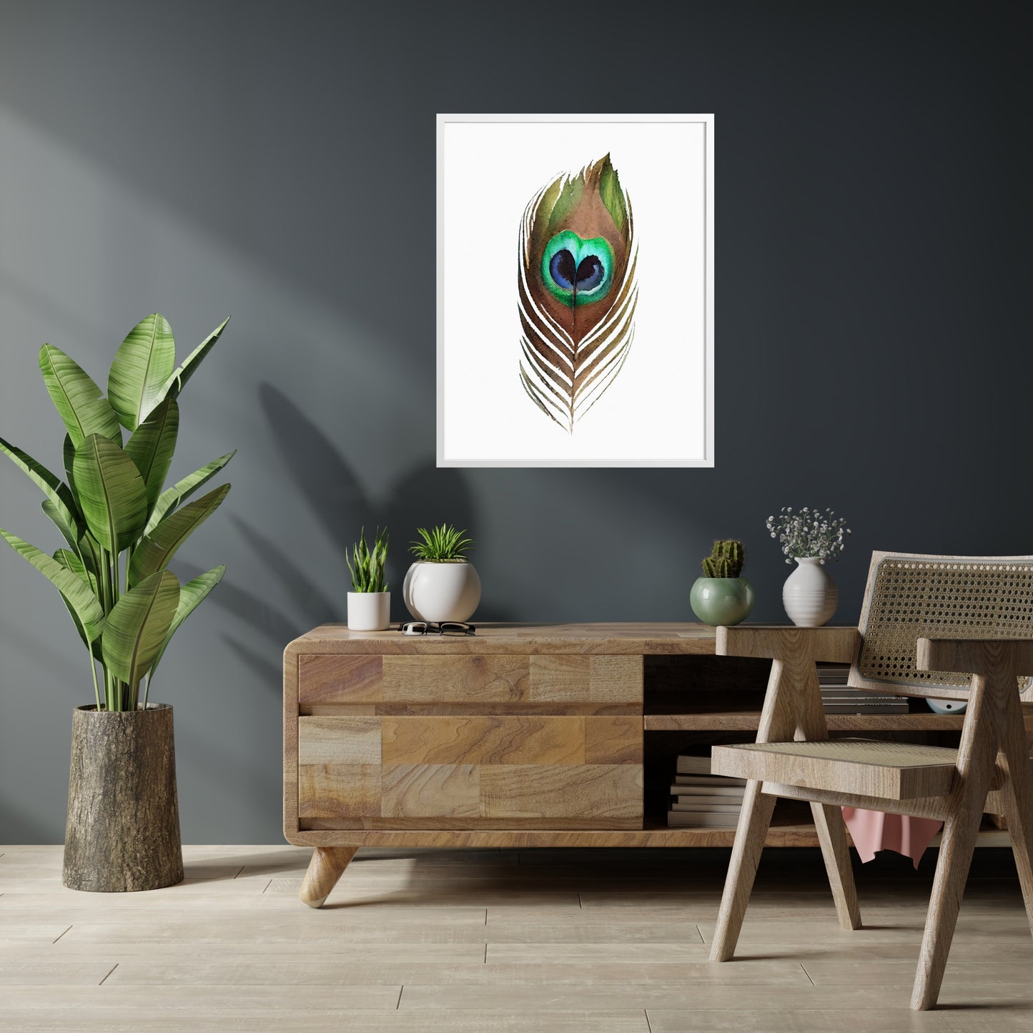 Vibrant Peacock Feather Watercolor Fine Art Print enhances home decor with its stunning colors and quality craftsmanship.