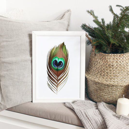 Vibrant Peacock Feather Watercolor Fine Art Print beautifully enhances home decor with exceptional gallery quality.