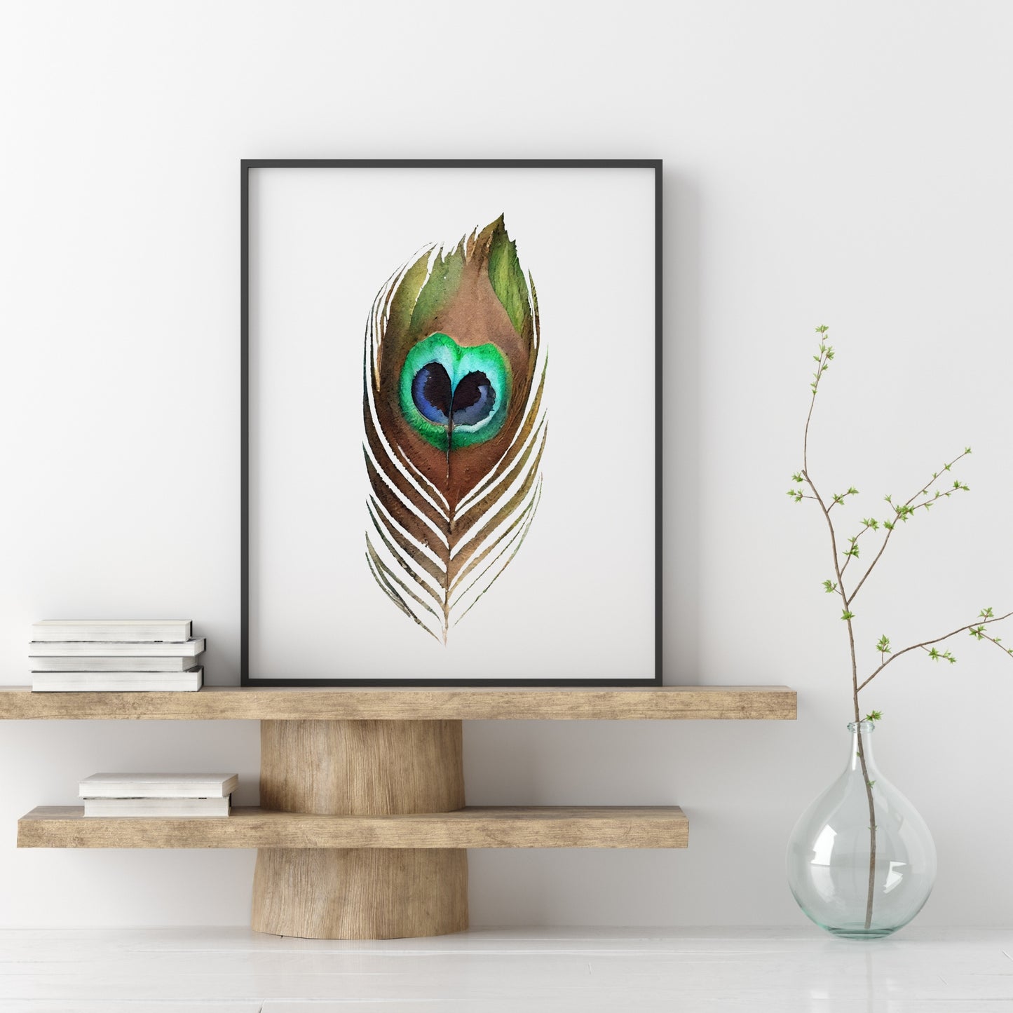 Vibrant Peacock Feather Watercolor Fine Art Print, perfect for enhancing home decor with its stunning colors.