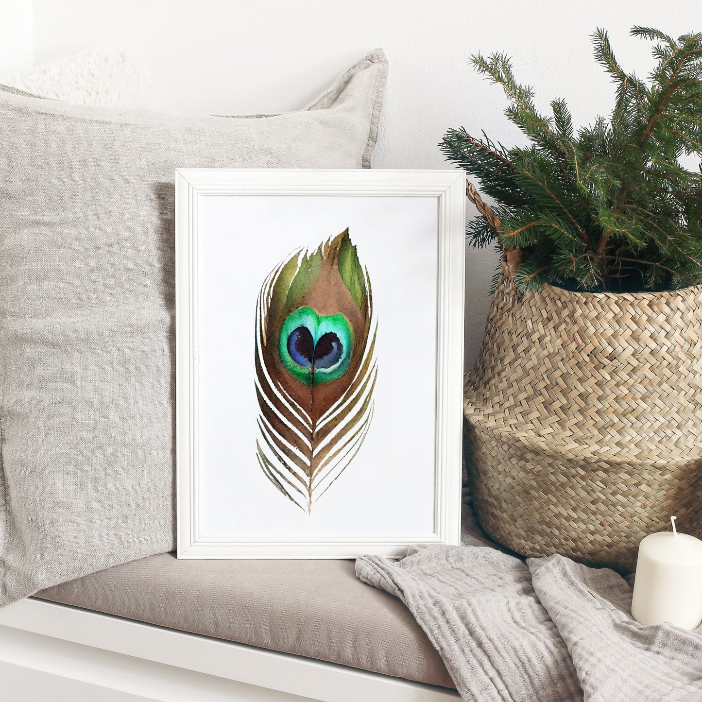 Vibrant Peacock Feather Watercolor Fine Art Print enhances home decor with stunning colors and quality craftsmanship.