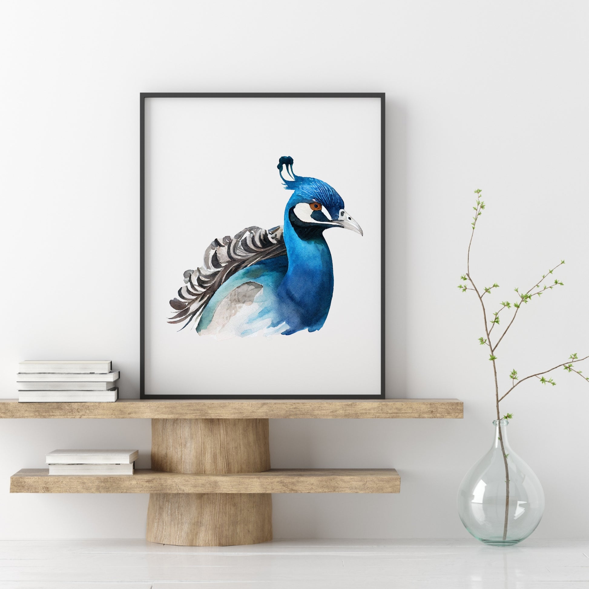 Indigo Peacock Watercolor Fine Art Print featuring vibrant blues on textured cotton watercolor paper. Perfect for art lovers.