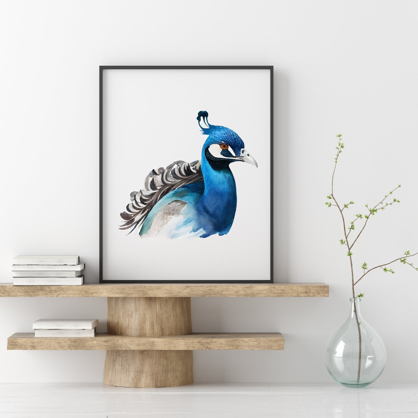 Indigo Peacock Watercolor Fine Art Print displayed elegantly in a modern setting, showcasing vibrant colors and texture.