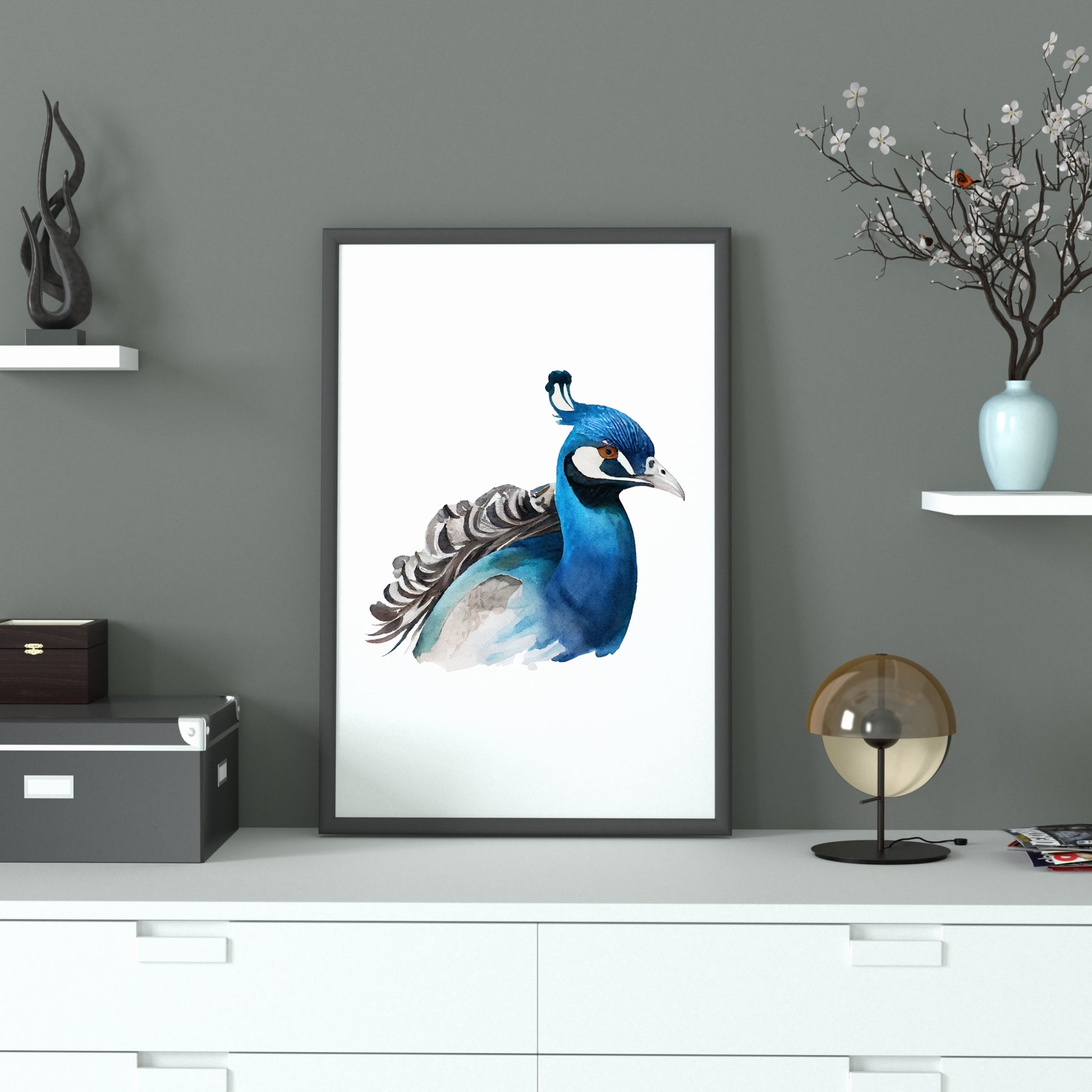 Indigo Peacock Watercolor Fine Art Print displayed in a stylish frame, enhancing any modern décor.