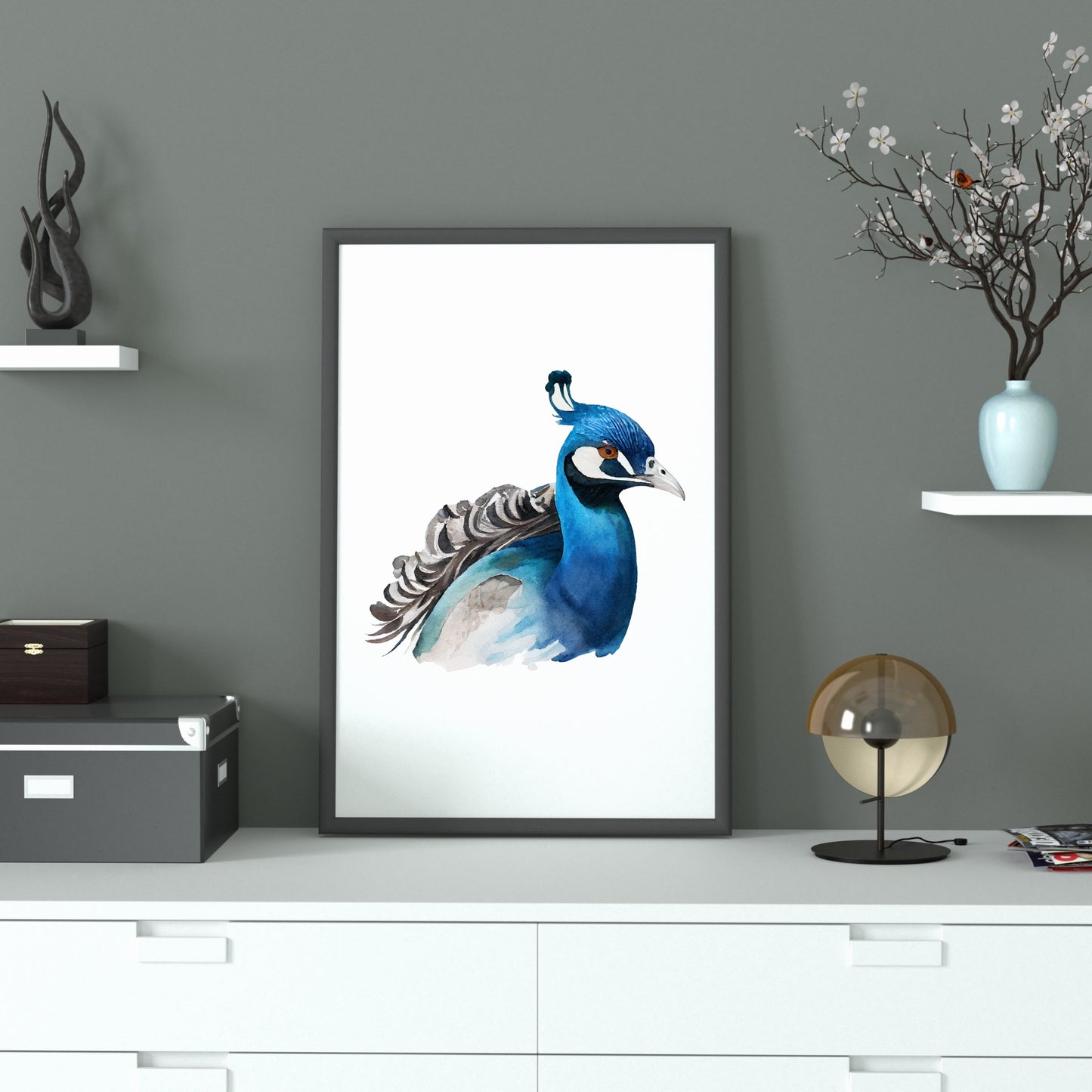 Stunning Indigo Peacock Watercolor Fine Art Print, showcasing vibrant blues on premium archival watercolor paper.