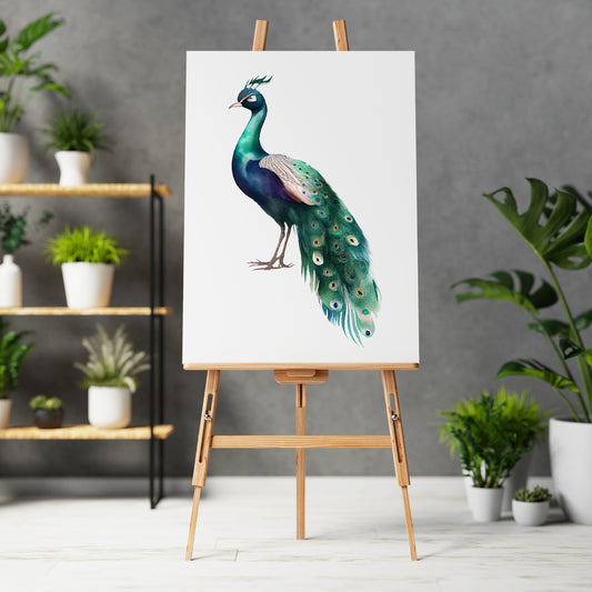 Vibrant Peacock Watercolor Canvas Wall Art displayed on an easel, perfect for enhancing any room decor.