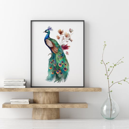 Floral Peacock Boho Watercolor Fine Art Print showcased in a modern frame with elegant decor elements.