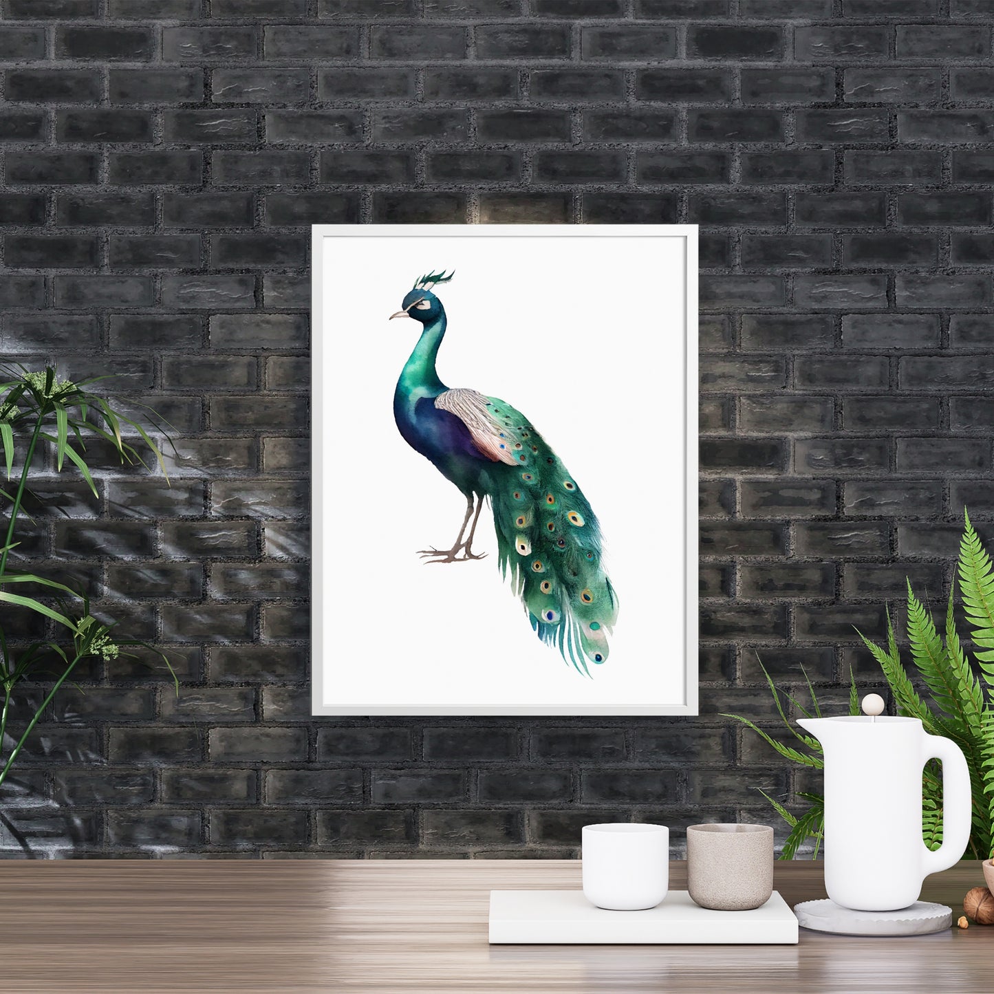 Vibrant Peacock Watercolor Fine Art Print displayed elegantly, showcasing its rich colors and detailed design.