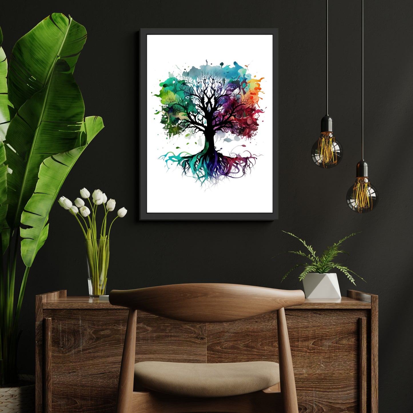 Rainbow Tree of Life Watercolor Fine Art Print showcased in a stylish interior, highlighting its vibrant colors and texture.