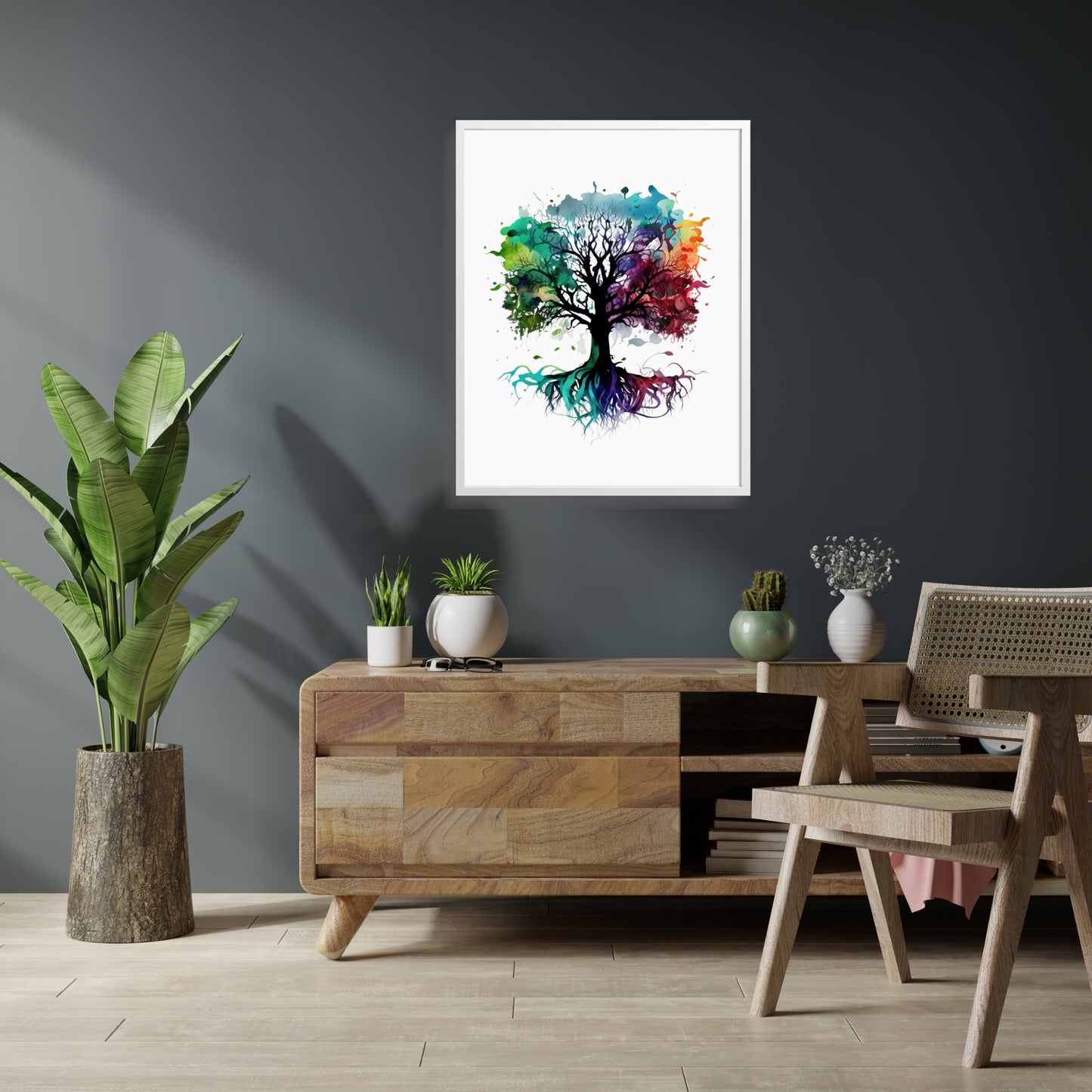 Vibrant Rainbow Tree of Life Watercolor Fine Art Print displayed in a modern living room, showcasing its rich colors.