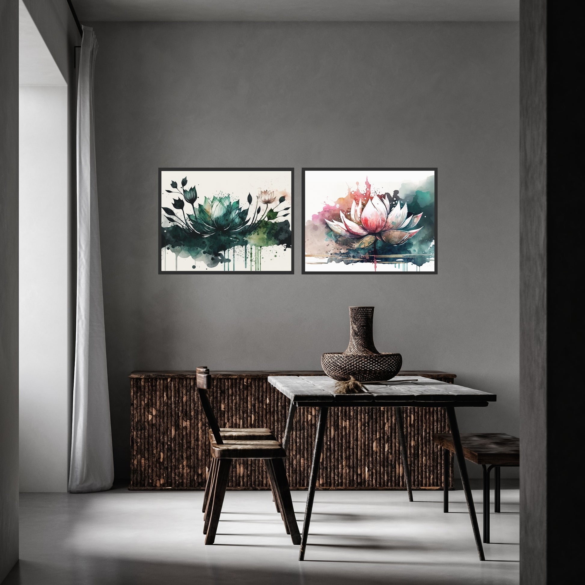 Lotus Watercolor Fine Art Prints Set of 2 displayed elegantly in a modern room, showcasing vibrant colors and textures.