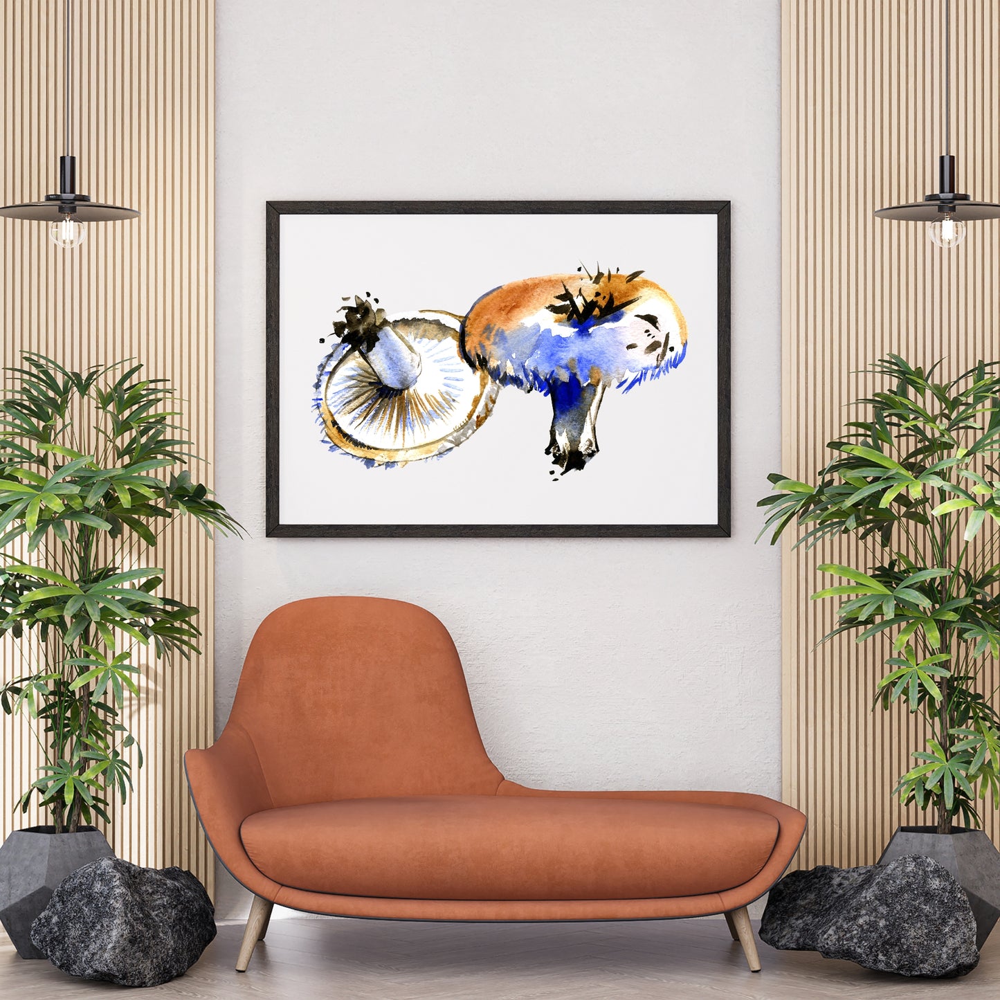 Lactarius Mushrooms Watercolor Fine Art Print showcased in a modern decor setting, highlighting its vibrant colors and detail.