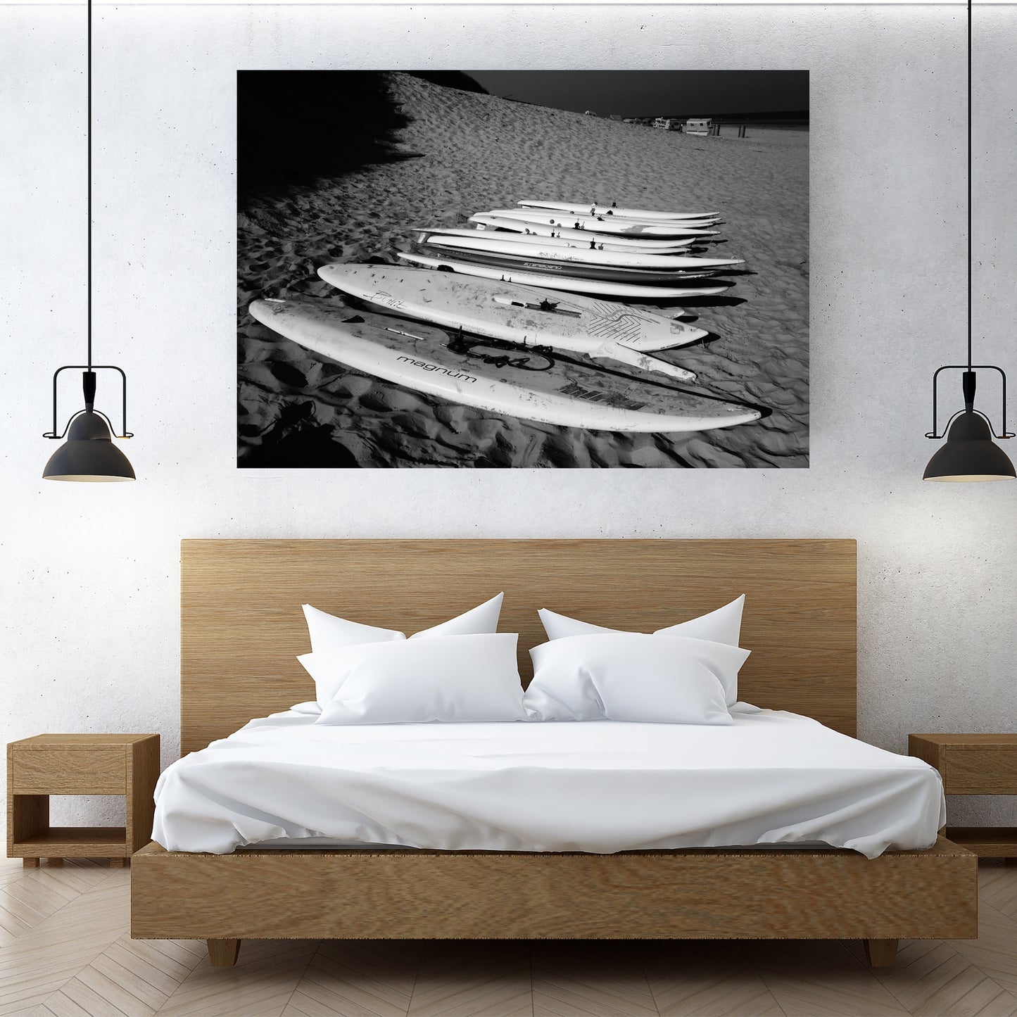 Elegant Surfboards Minimalist Black & White acrylic print adds modern flair, showcasing vibrant detail and clarity.