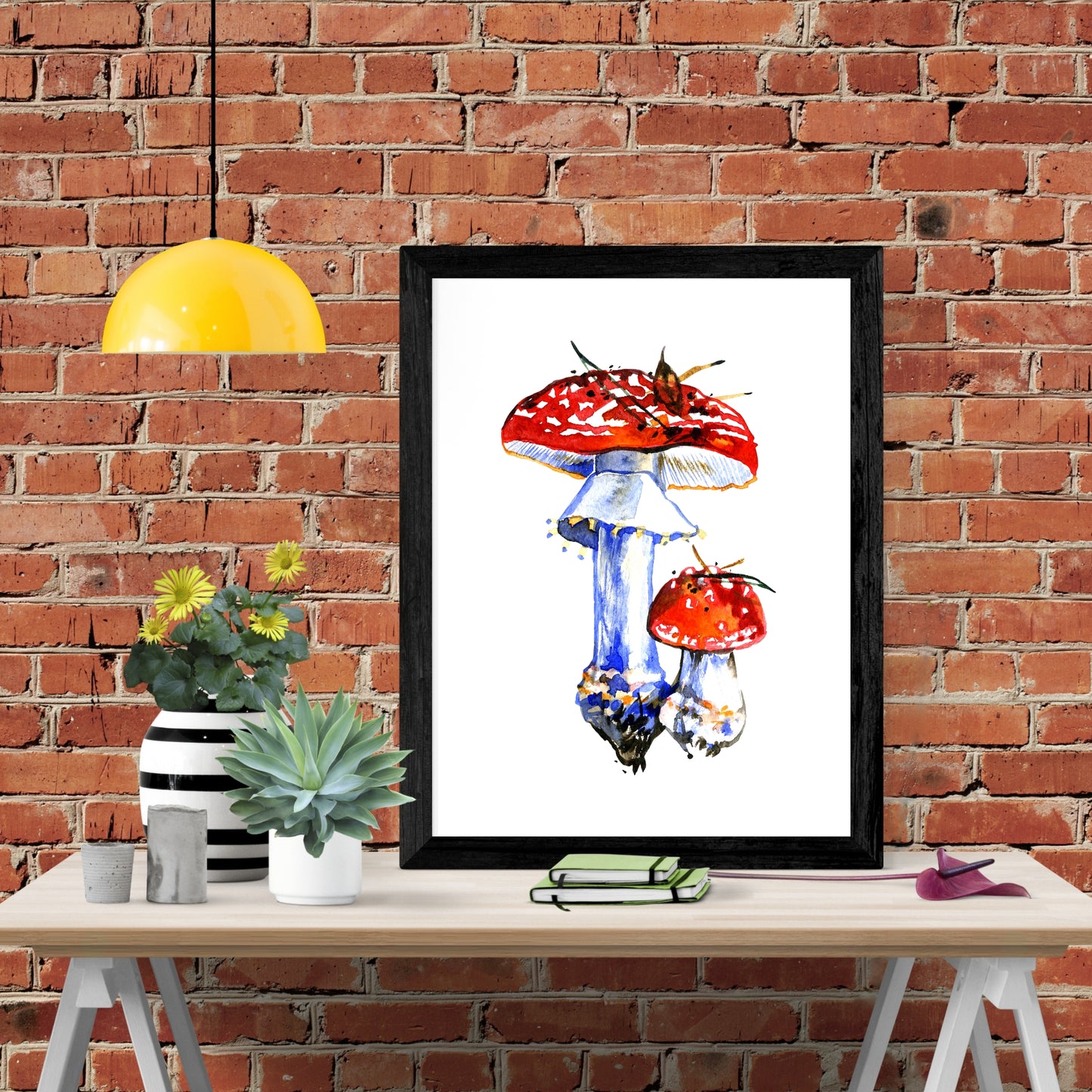 Fly Agaric Mushrooms Watercolor Fine Art Print showcases vibrant red and blue mushrooms, perfect for art lovers.