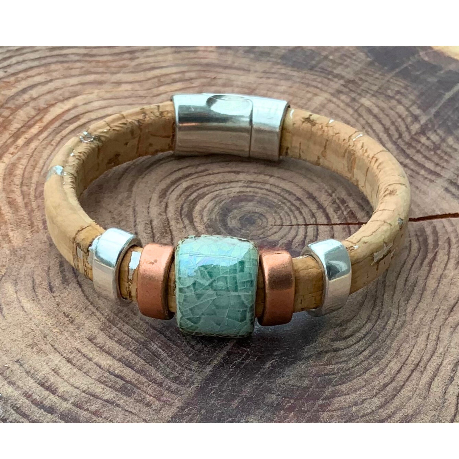 Surf & Sand Cork Ceramic Bracelet showcases earthy tones and textures, perfect for beach lovers seeking stylish accessories.