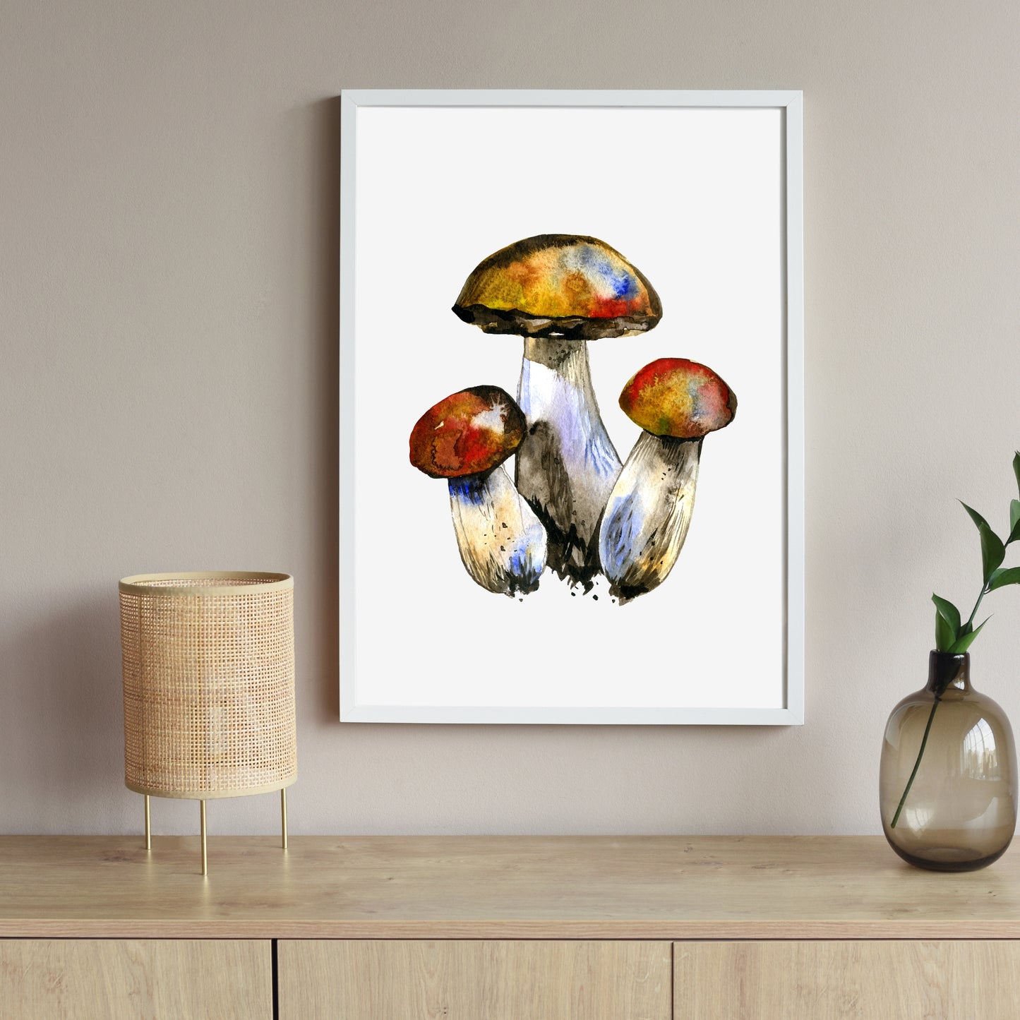 Leccinum Mushrooms Watercolor Fine Art Print displayed elegantly in a modern setting, showcasing vibrant colors and textures.