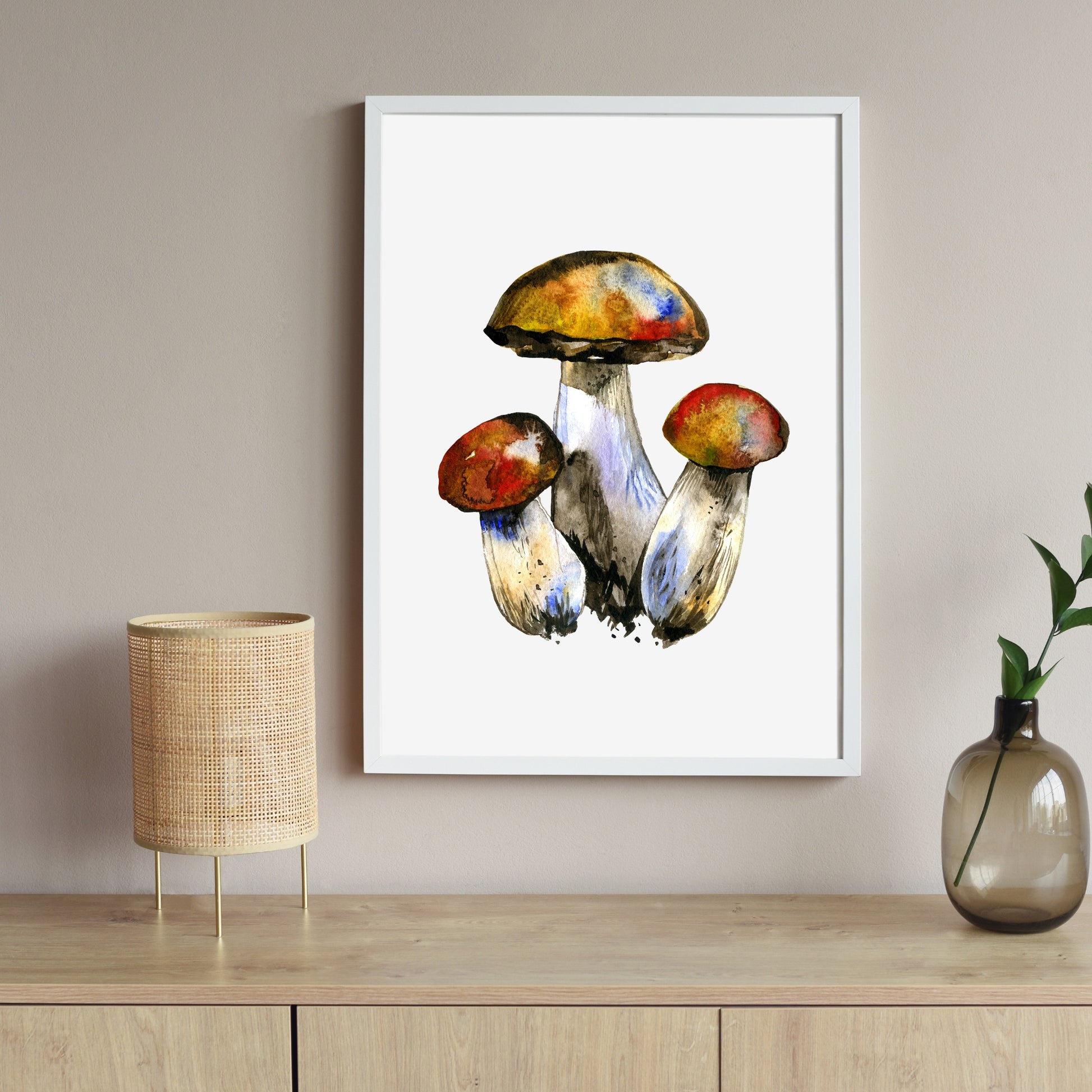 Leccinum Mushrooms Watercolor Fine Art Print displayed elegantly in a modern setting, showcasing vibrant colors and textures.